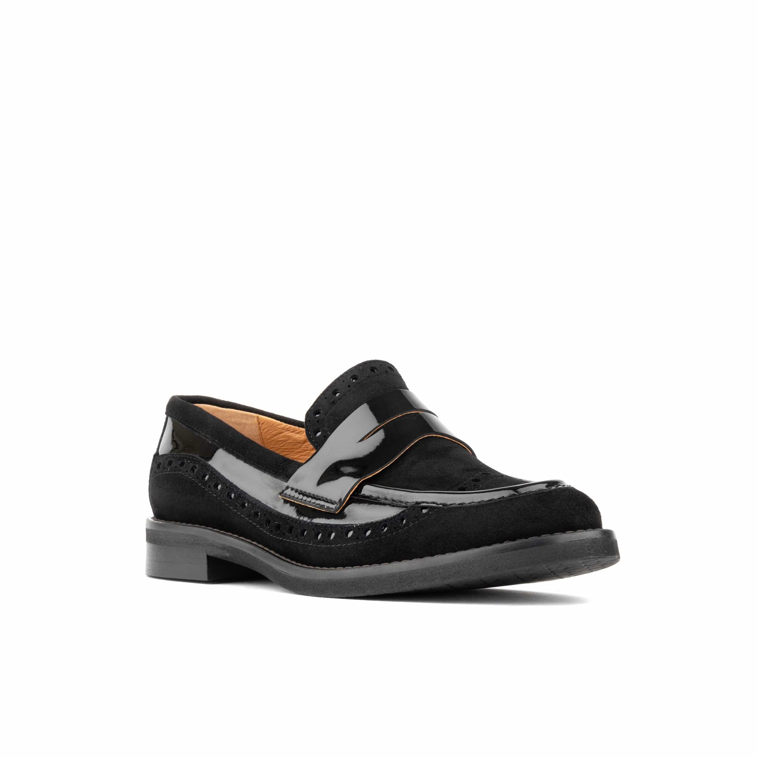 Angelina - Black - Women's leather almond toe penny loafer with broguing - Image 2