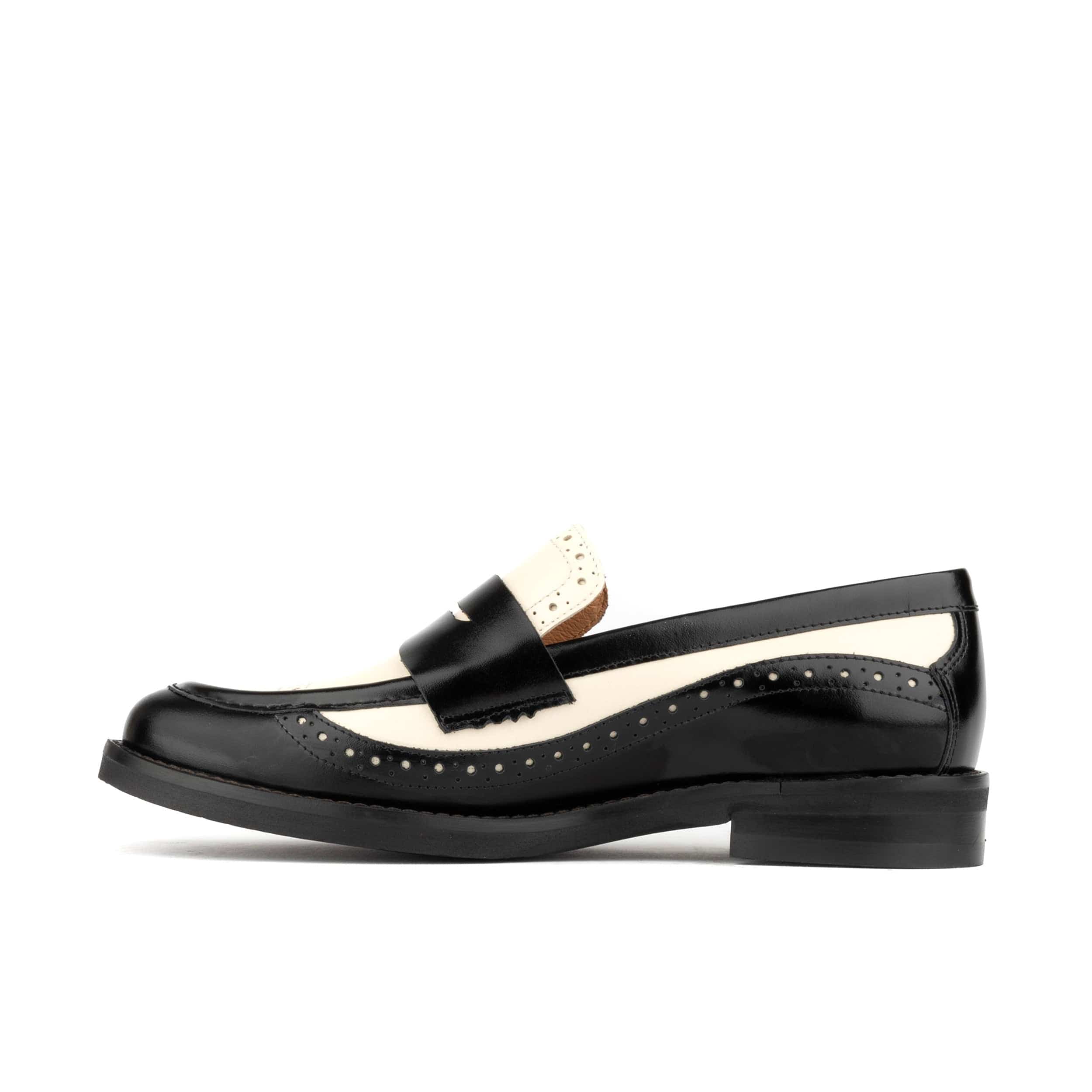 Angelina - Black & Cream - Women's leather almond toe penny loafer with broguing - Image 3