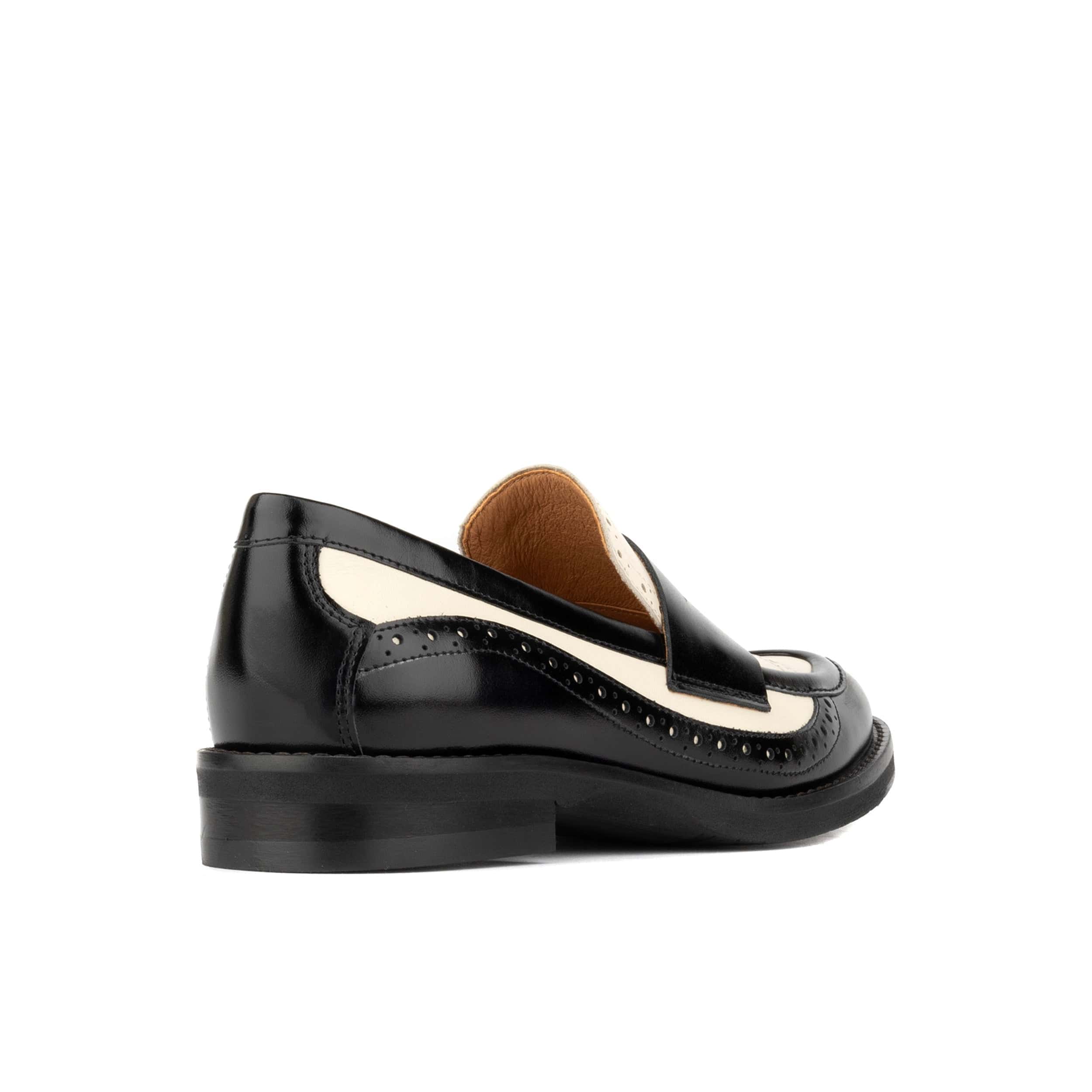 Angelina - Black & Cream - Women's leather almond toe penny loafer with broguing - Image 4