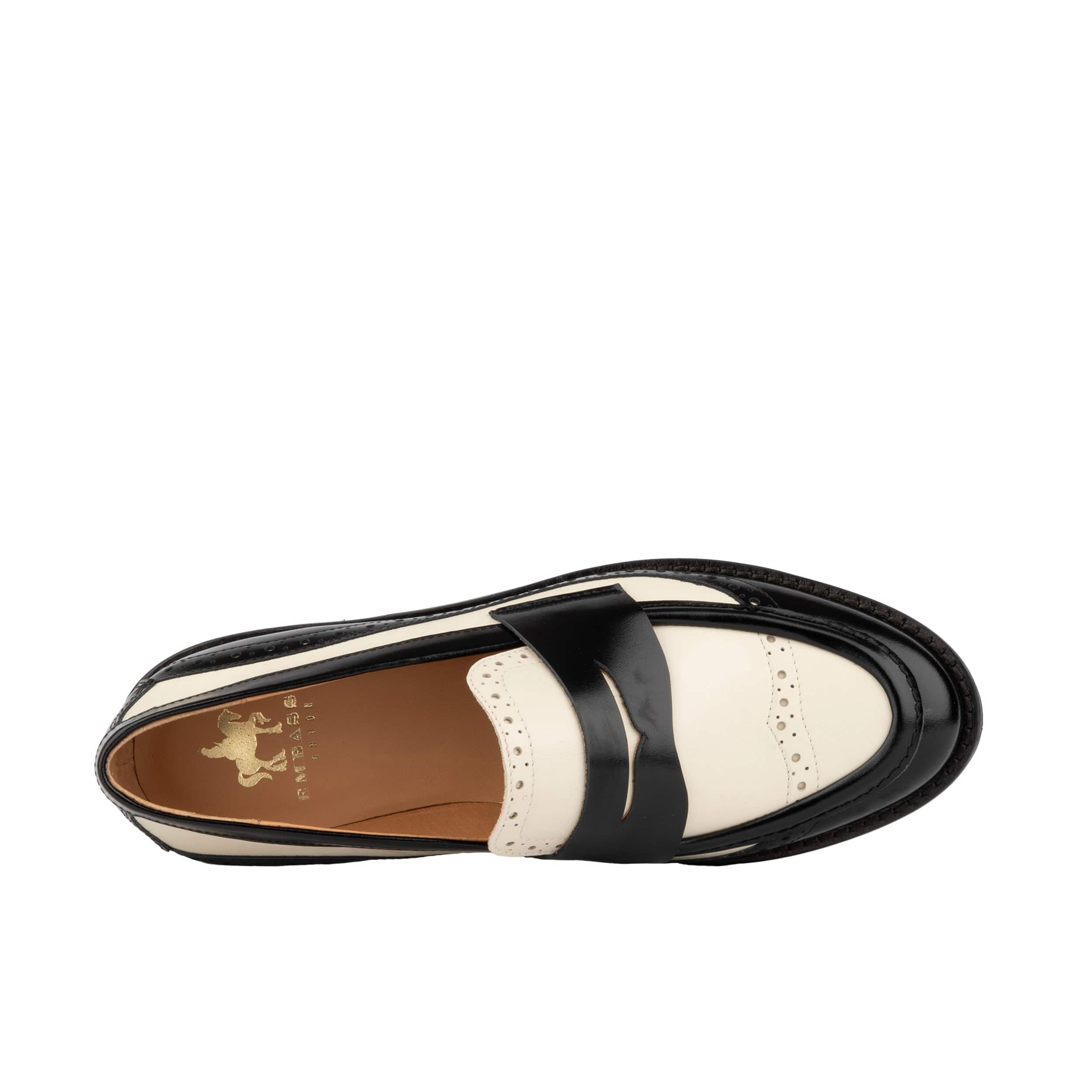 Angelina - Black & Cream - Women's leather almond toe penny loafer with broguing - Image 6
