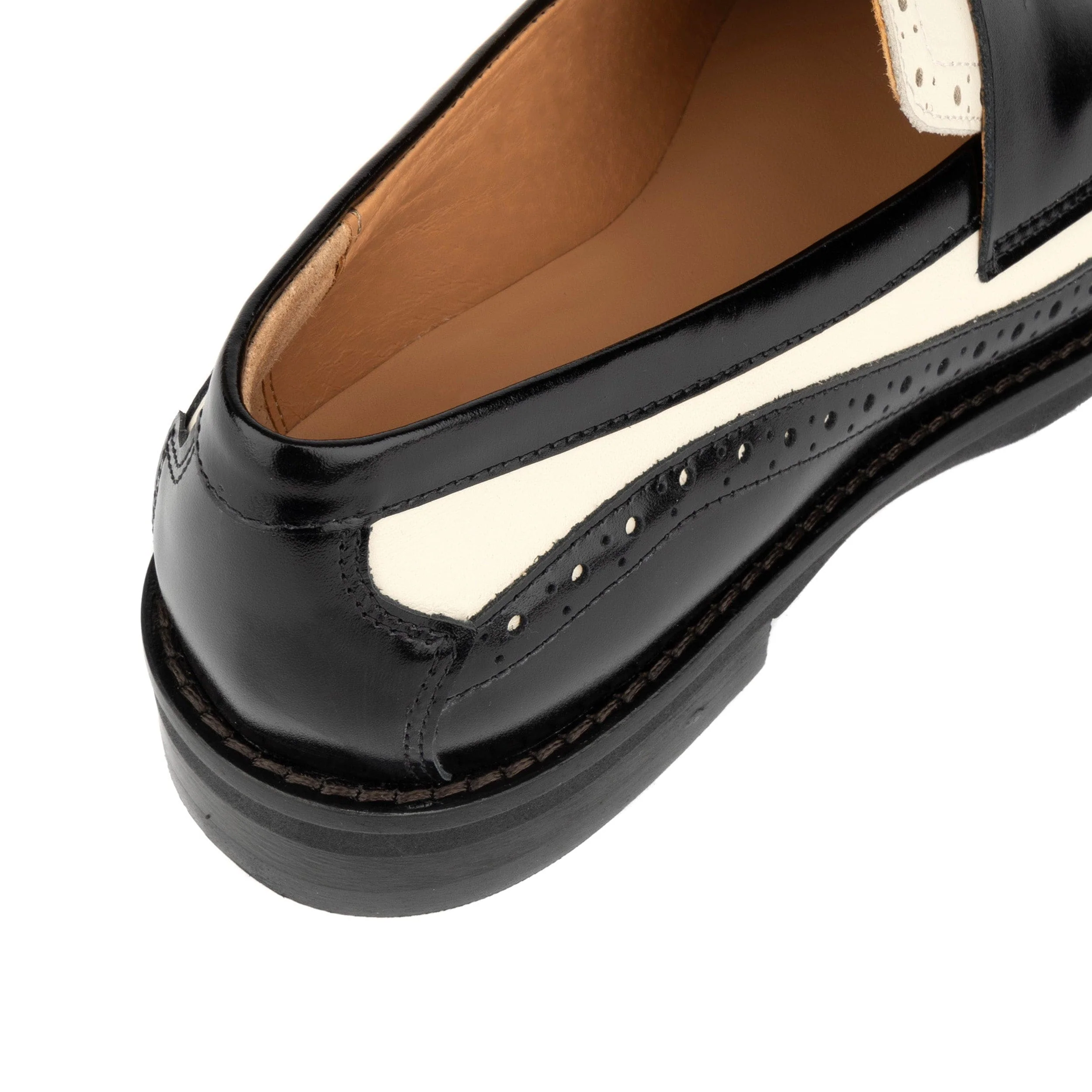 Angelina - Black & Cream - Women's leather almond toe penny loafer with broguing - Image 7