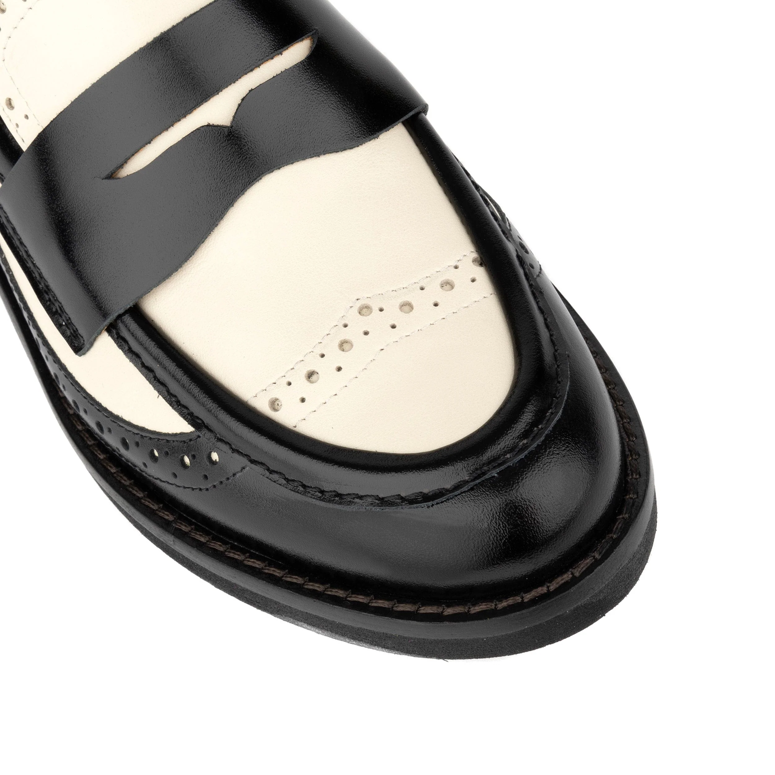 Angelina - Black & Cream - Women's leather almond toe penny loafer with broguing - Image 8