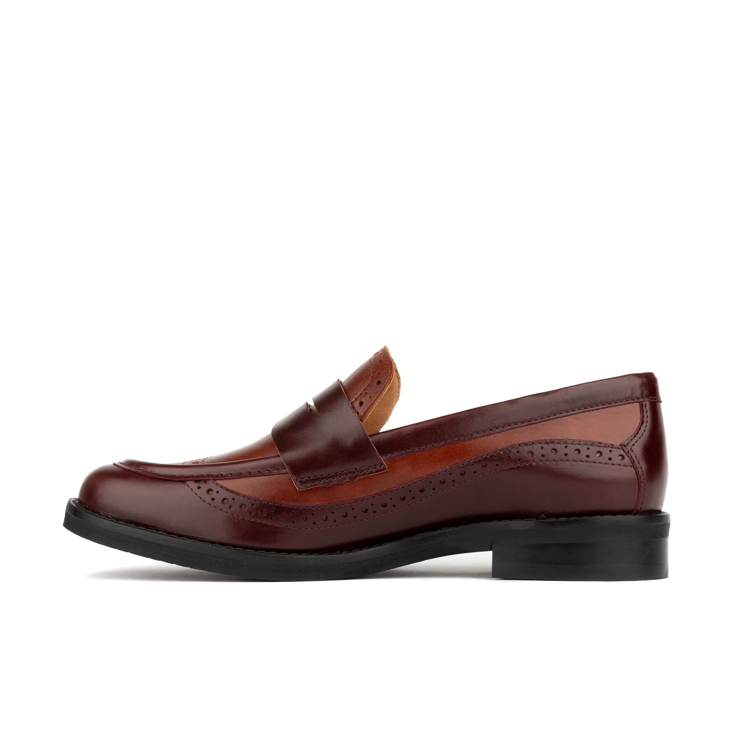 Angelina - Brown -  Women's leather almond toe penny loafer with broguing - Image 3