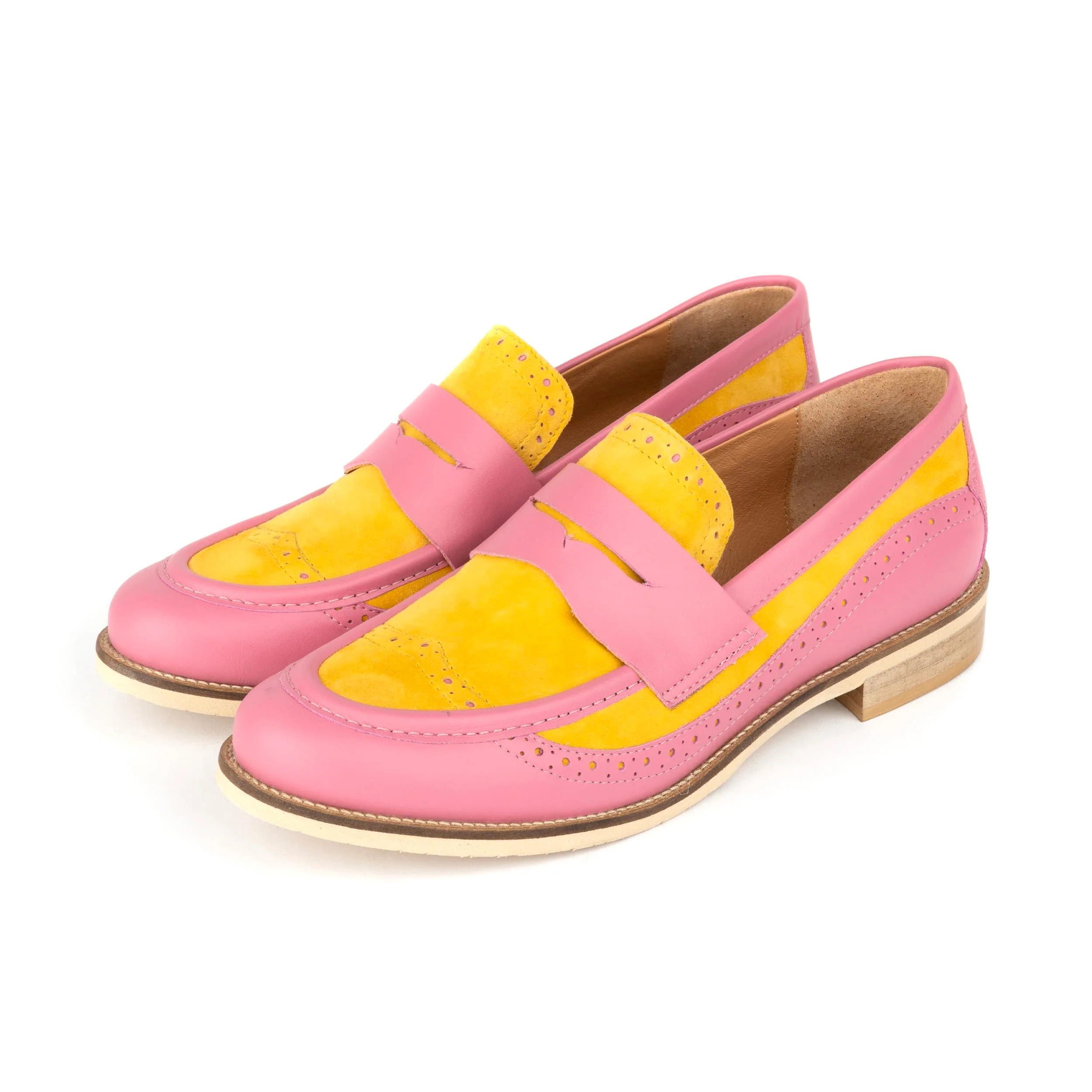 Angelina - Pink & Yellow - Women's Leather Almond Toe Penny Loafer with Broguing - Image 10