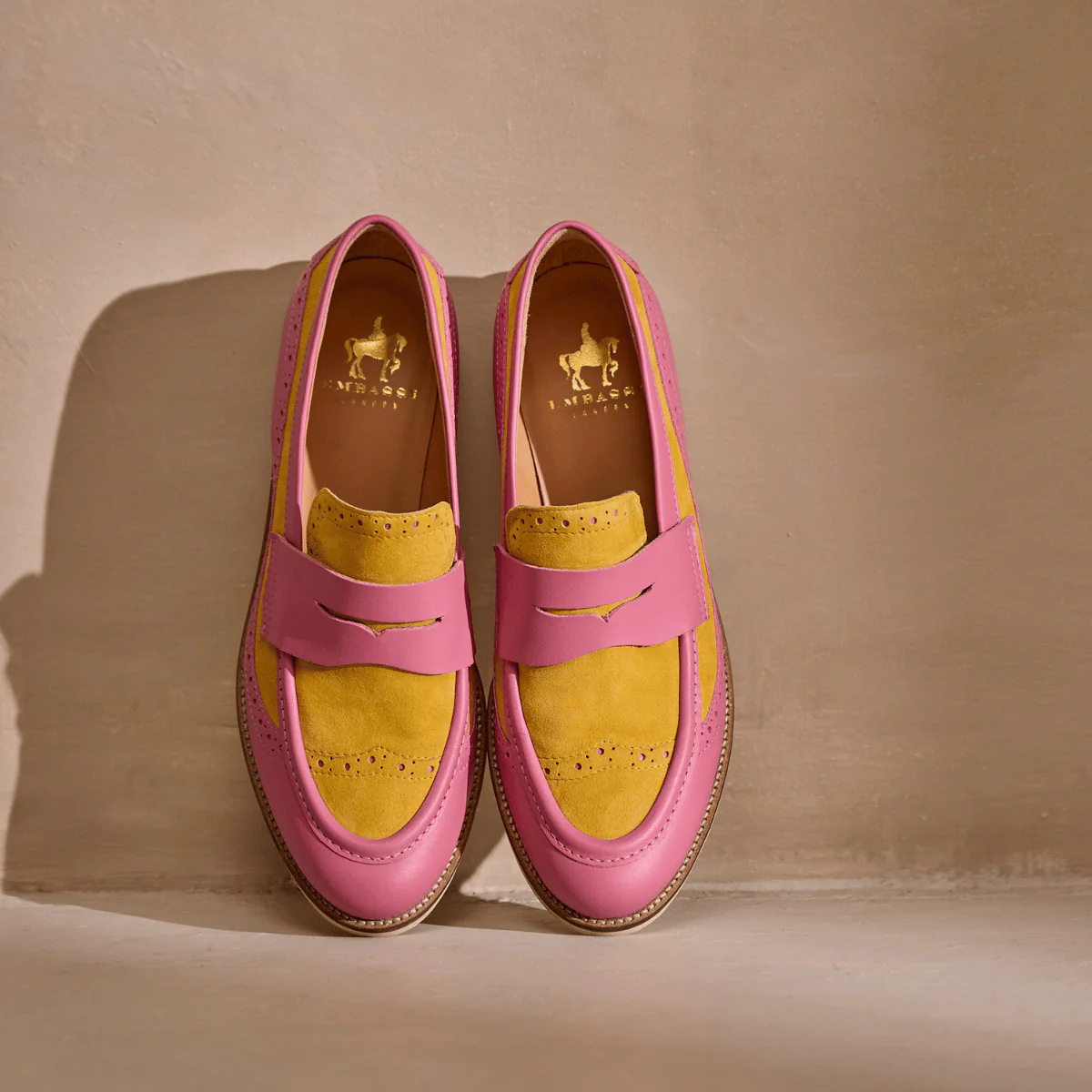 Angelina - Pink & Yellow - Women's Leather Almond Toe Penny Loafer with Broguing - Image 2