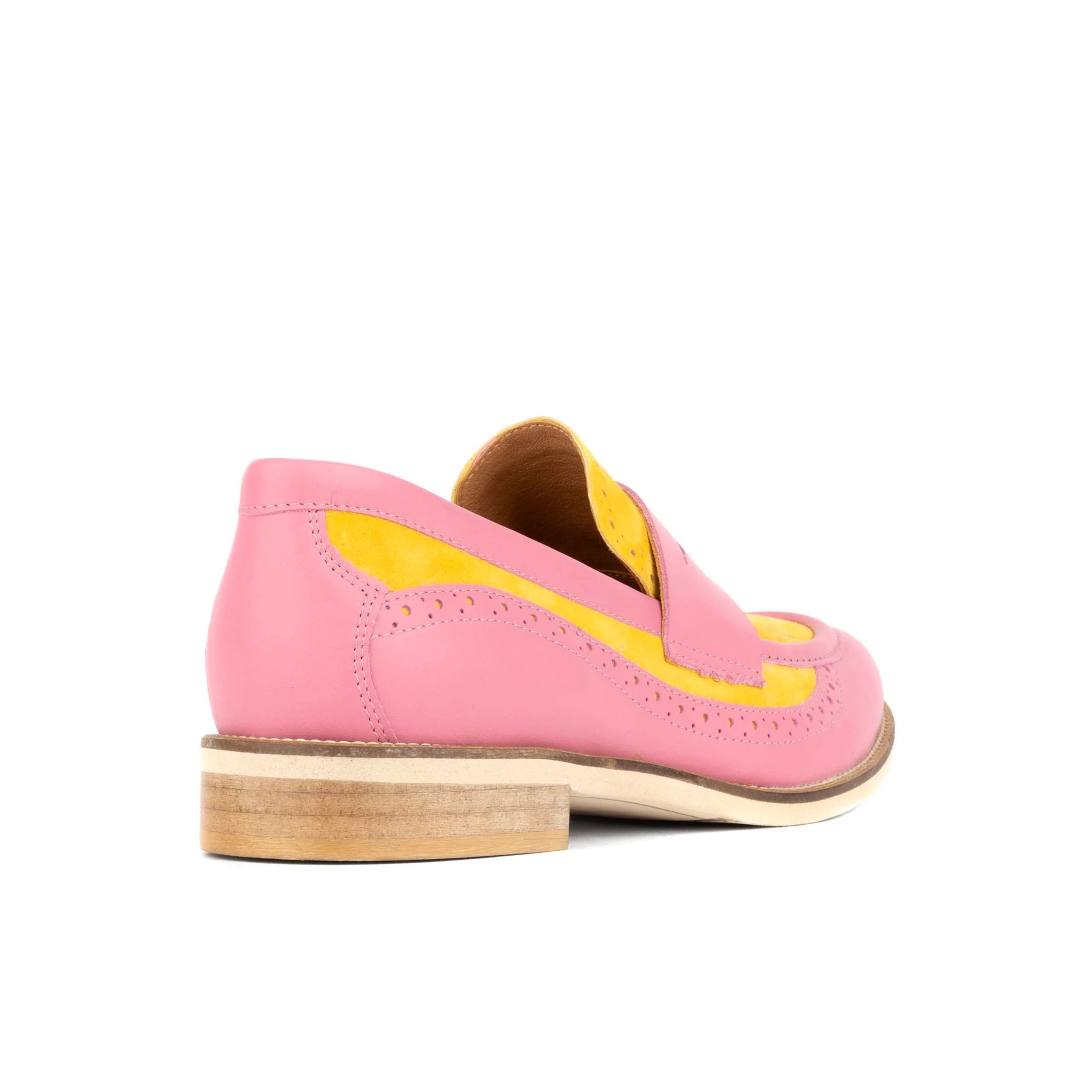 Angelina - Pink & Yellow - Women's Leather Almond Toe Penny Loafer with Broguing - Image 3