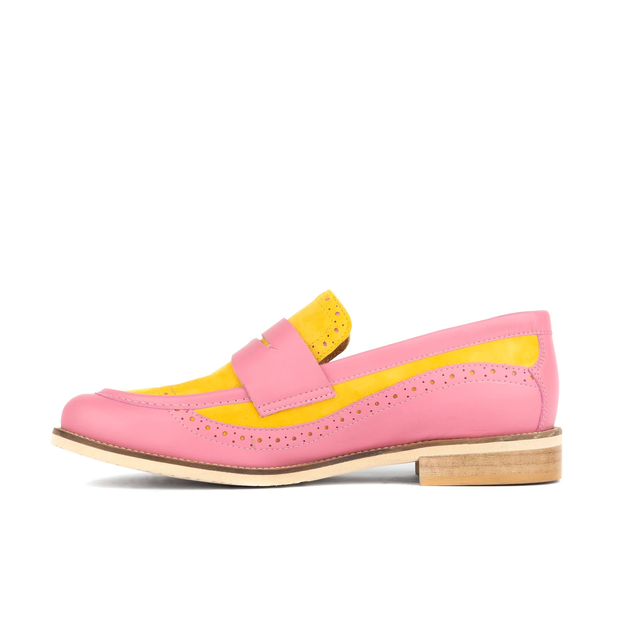 Angelina - Pink & Yellow - Women's Leather Almond Toe Penny Loafer with Broguing - Image 4