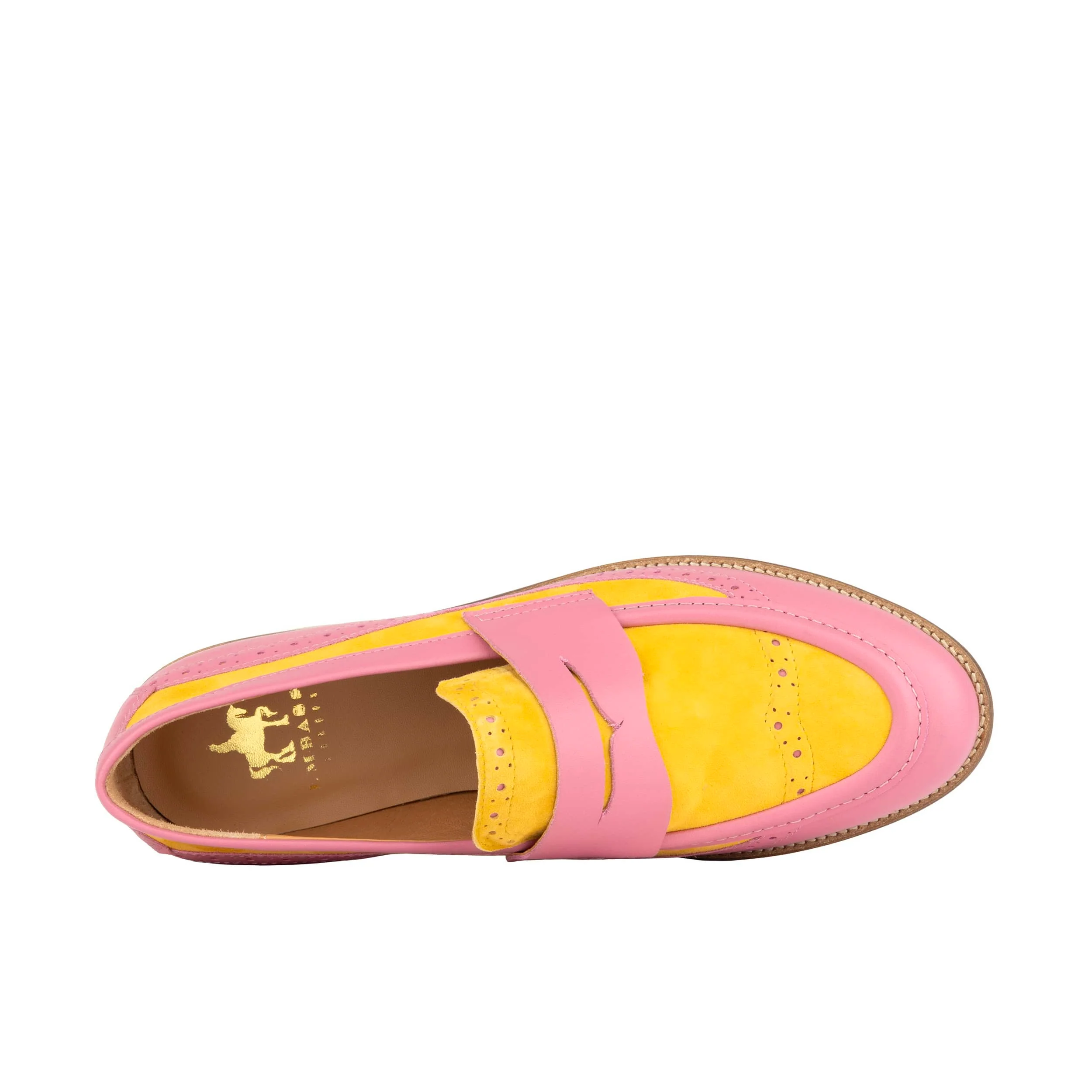 Angelina - Pink & Yellow - Women's Leather Almond Toe Penny Loafer with Broguing - Image 7