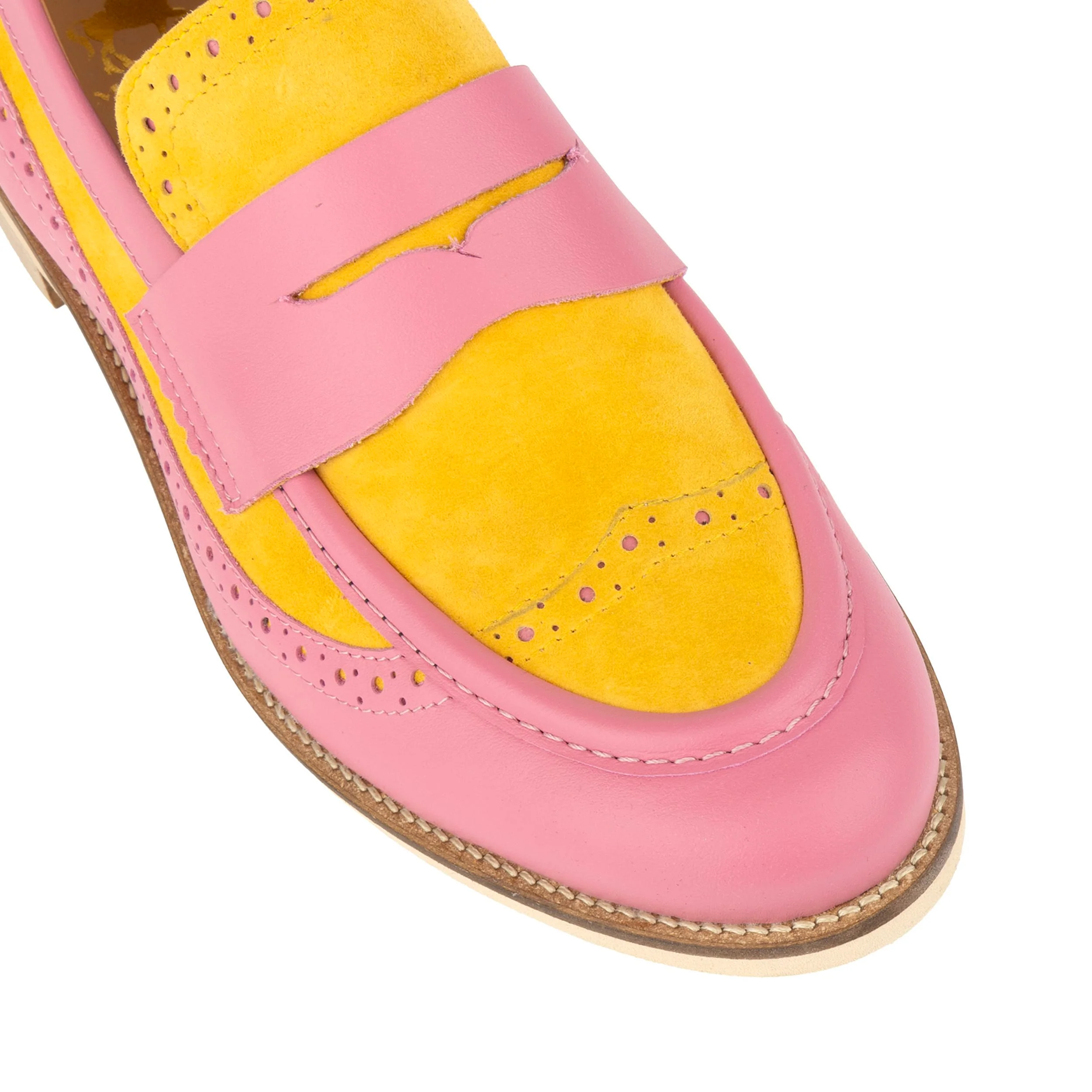 Angelina - Pink & Yellow - Women's Leather Almond Toe Penny Loafer with Broguing - Image 8