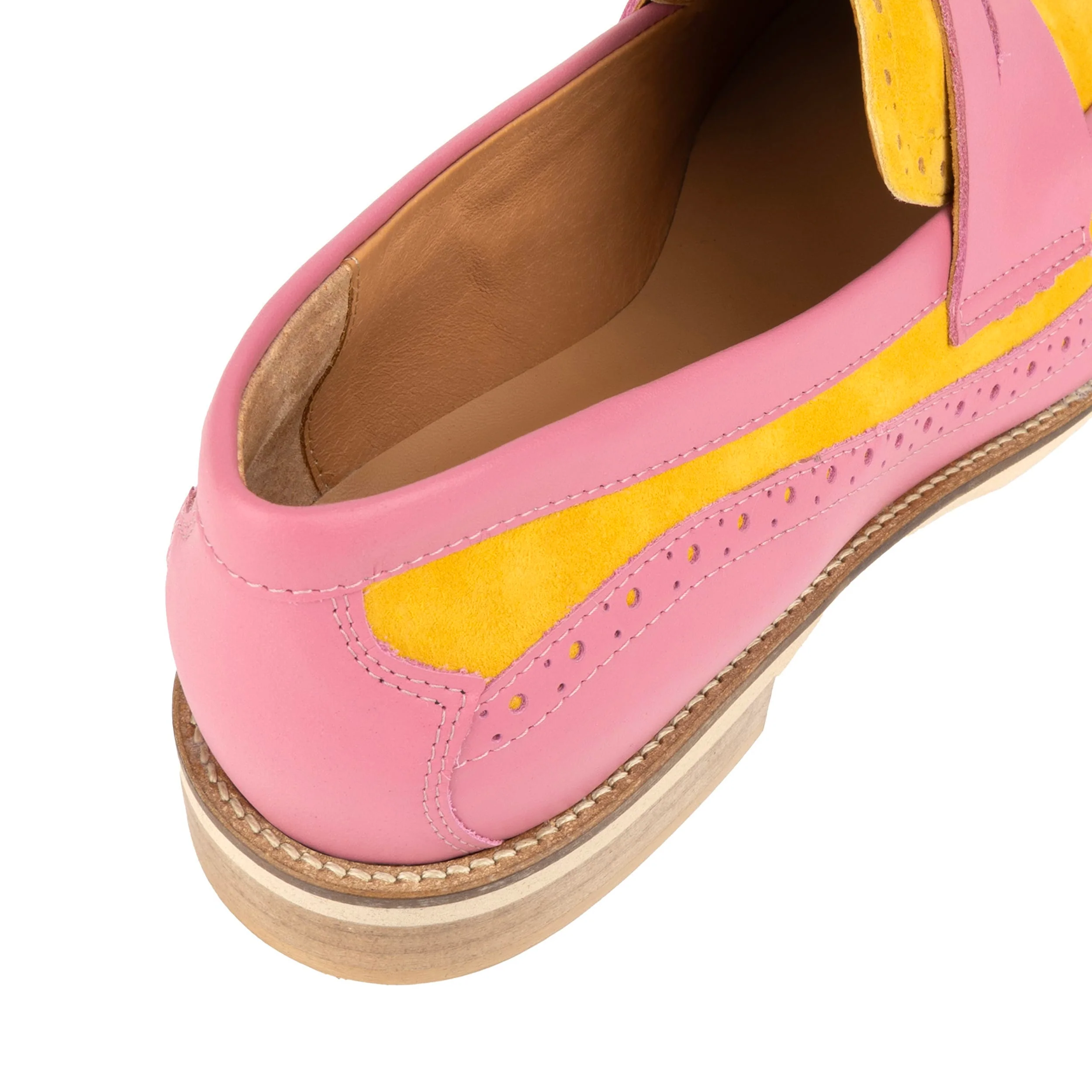 Angelina - Pink & Yellow - Women's Leather Almond Toe Penny Loafer with Broguing - Image 9