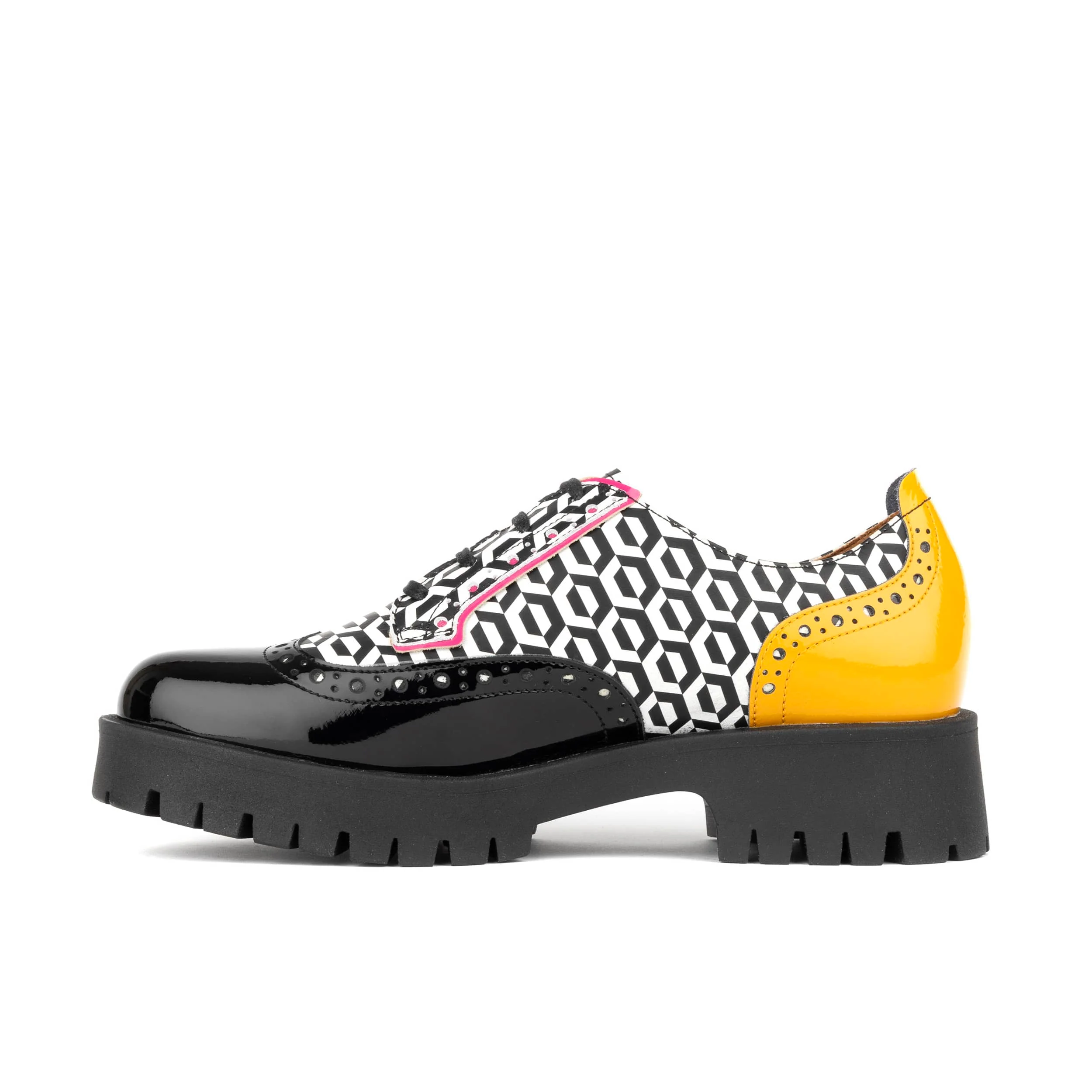 Artisan - Yellow & Hexa Print - Women's Leather Lace-up Shoe with Brogue Detailing - Image 3