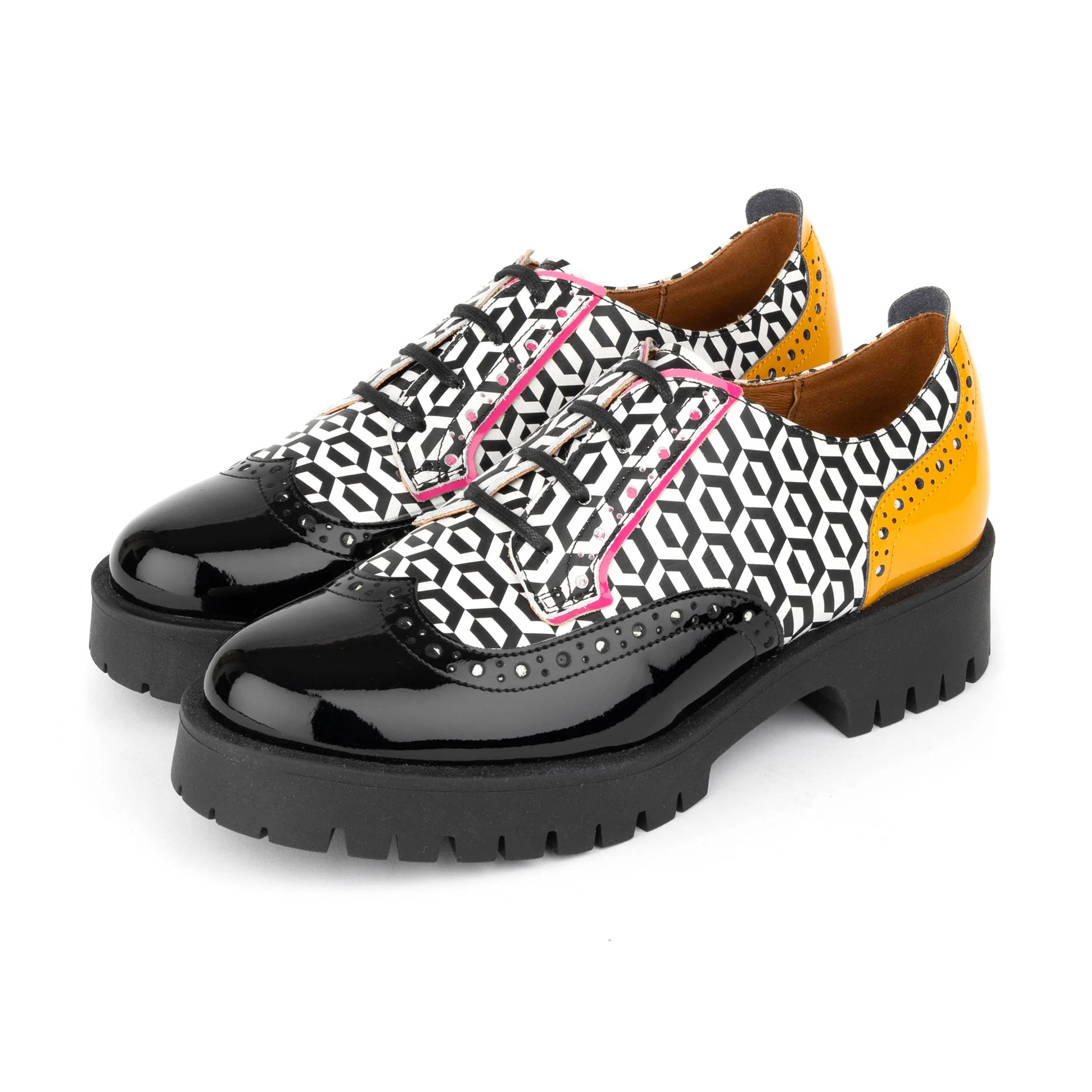 Artisan - Yellow & Hexa Print - Women's Leather Lace-up Shoe with Brogue Detailing - Image 9