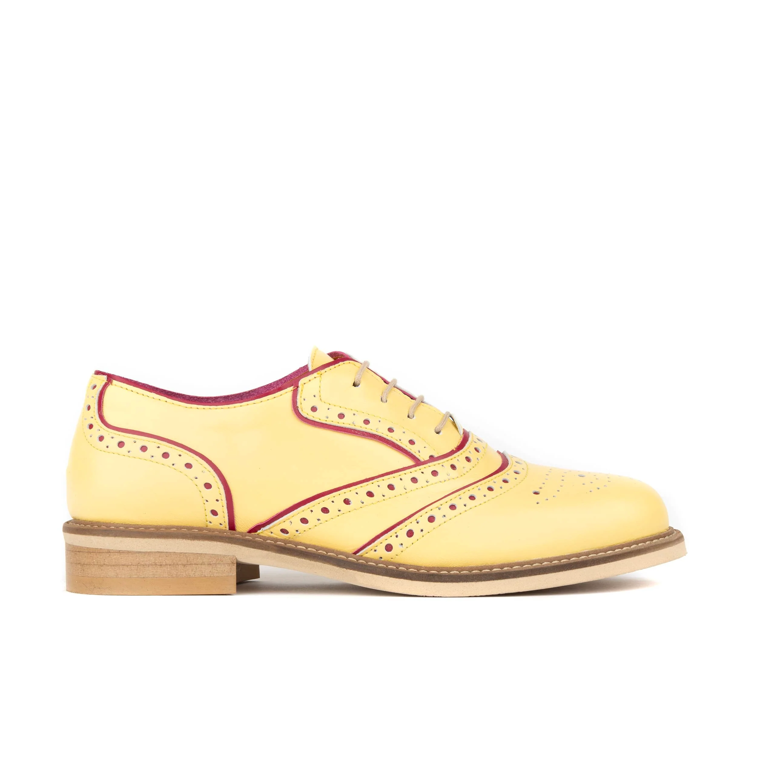 Brick Lane - Pastel Yellow - Women's contrast leather lace-up brogue