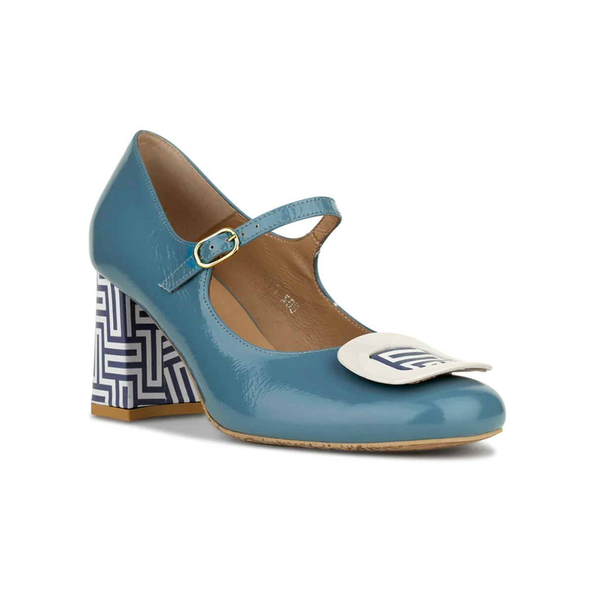 Button - Light Blue & Maze Print - Women's Leather Round-toe Mary Jane Pump with Block Heel - Image 3