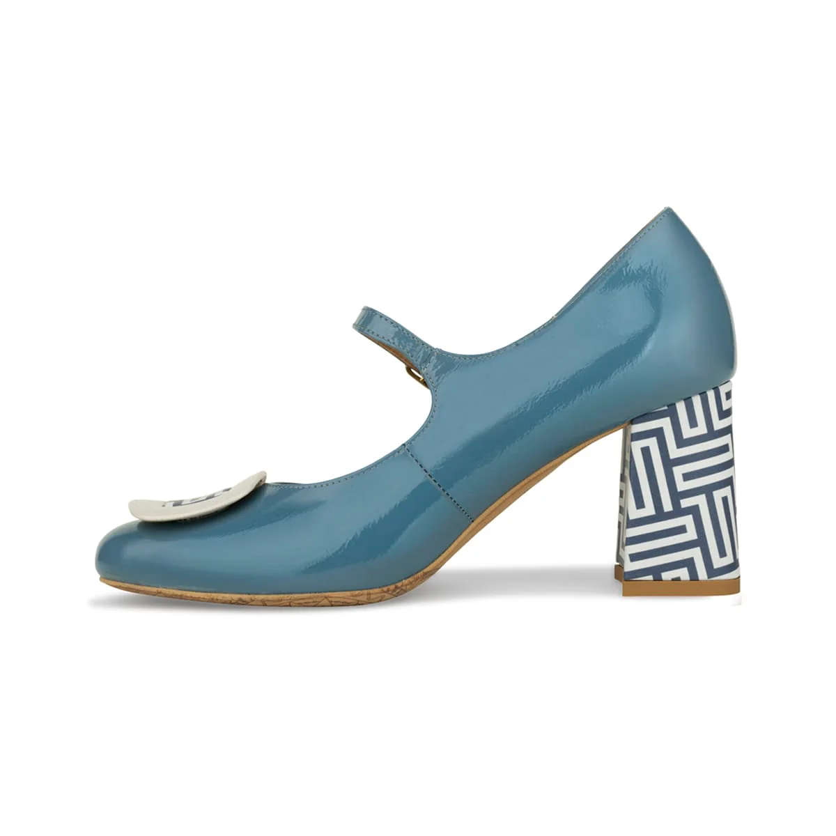 Button - Light Blue & Maze Print - Women's Leather Round-toe Mary Jane Pump with Block Heel - Image 4