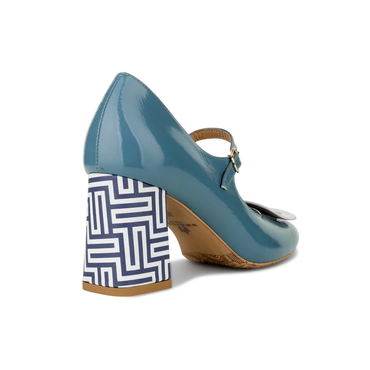 Button - Light Blue & Maze Print - Women's Leather Round-toe Mary Jane Pump with Block Heel - Image 5