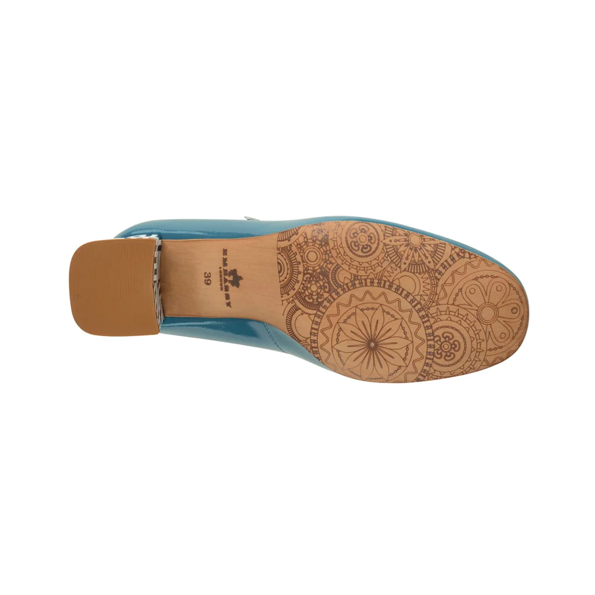 Button - Light Blue & Maze Print - Women's Leather Round-toe Mary Jane Pump with Block Heel - Image 6