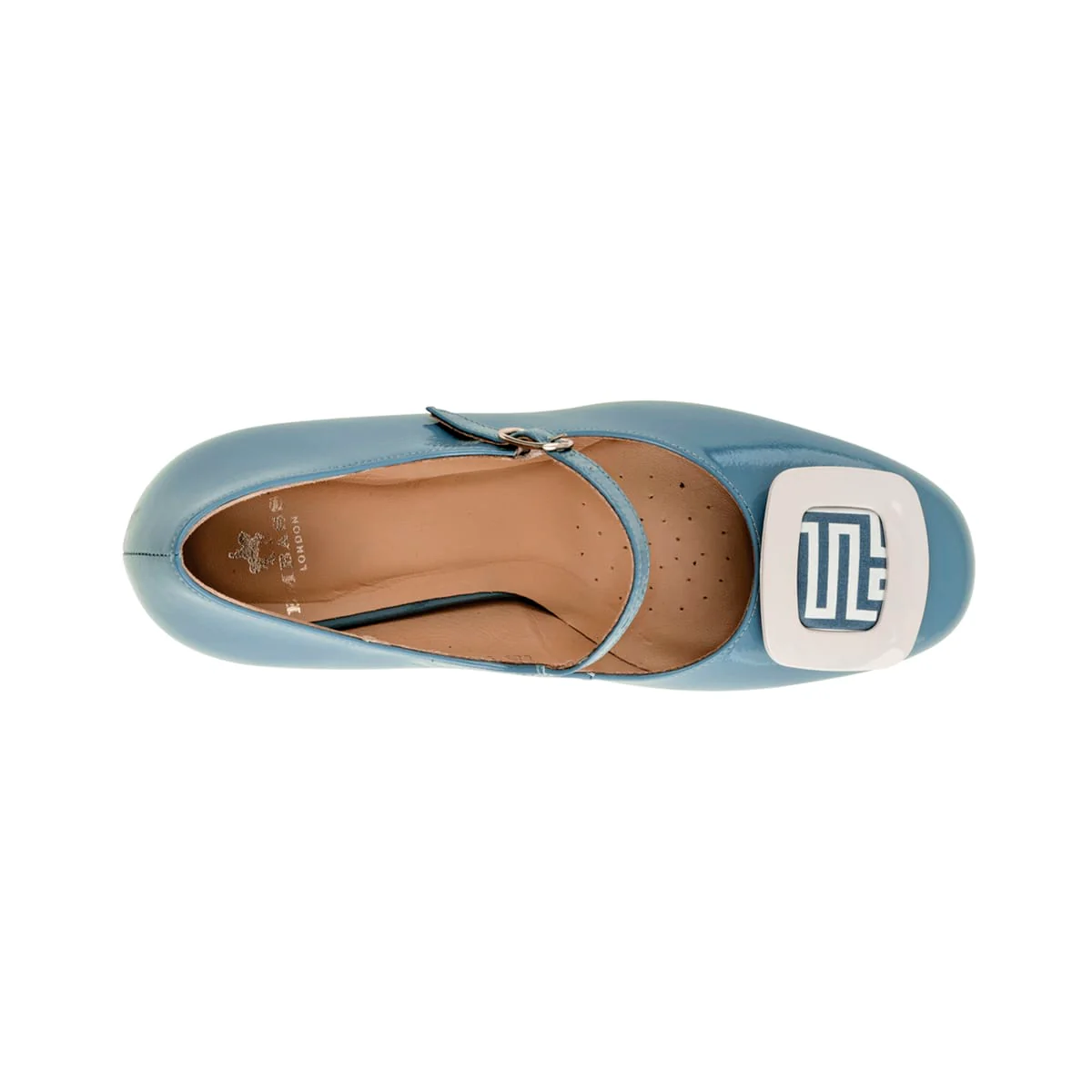Button - Light Blue & Maze Print - Women's Leather Round-toe Mary Jane Pump with Block Heel - Image 7