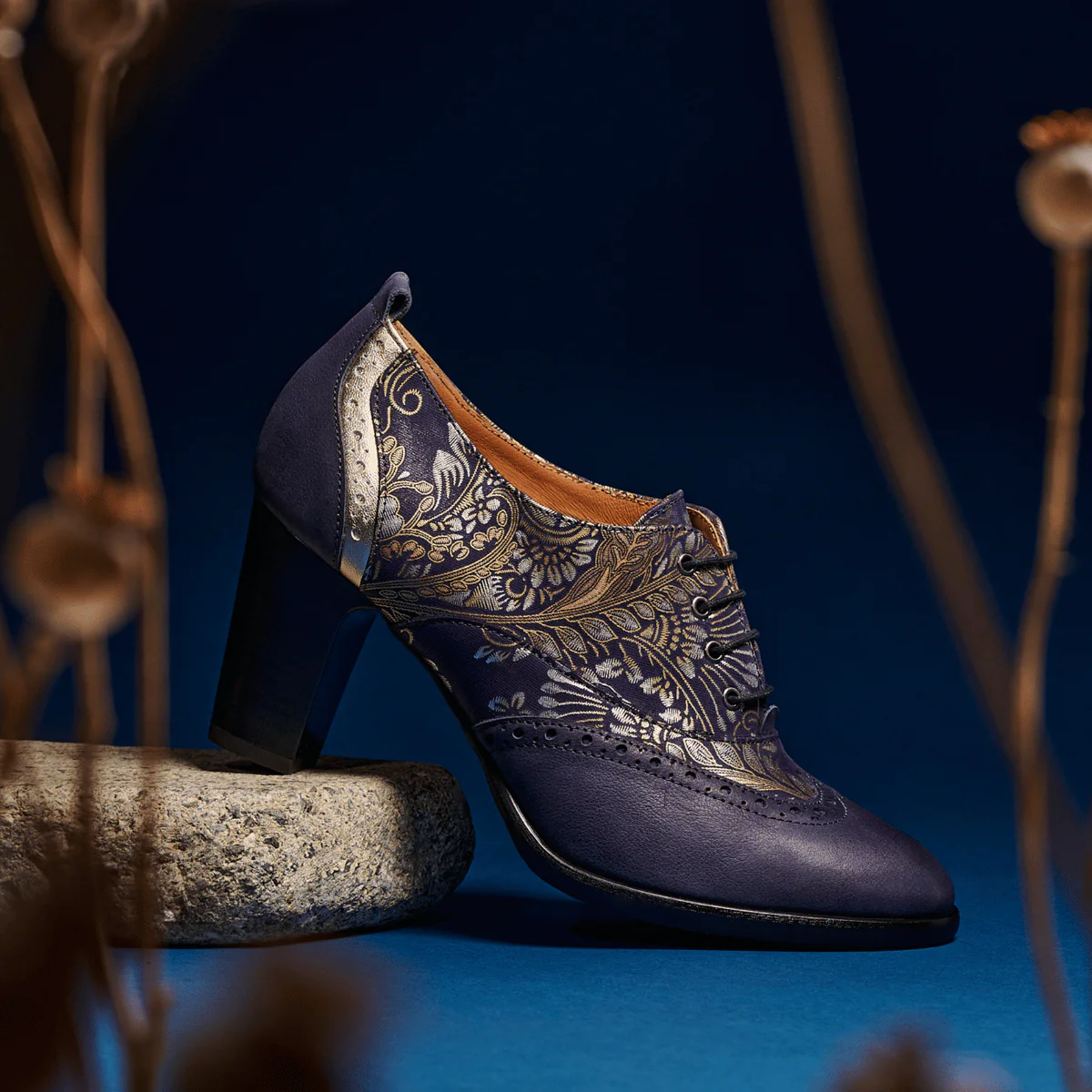 Casino - Blue & Silver Paisley - Women's leather pump in 3 inch heel with brogue details - Image 2