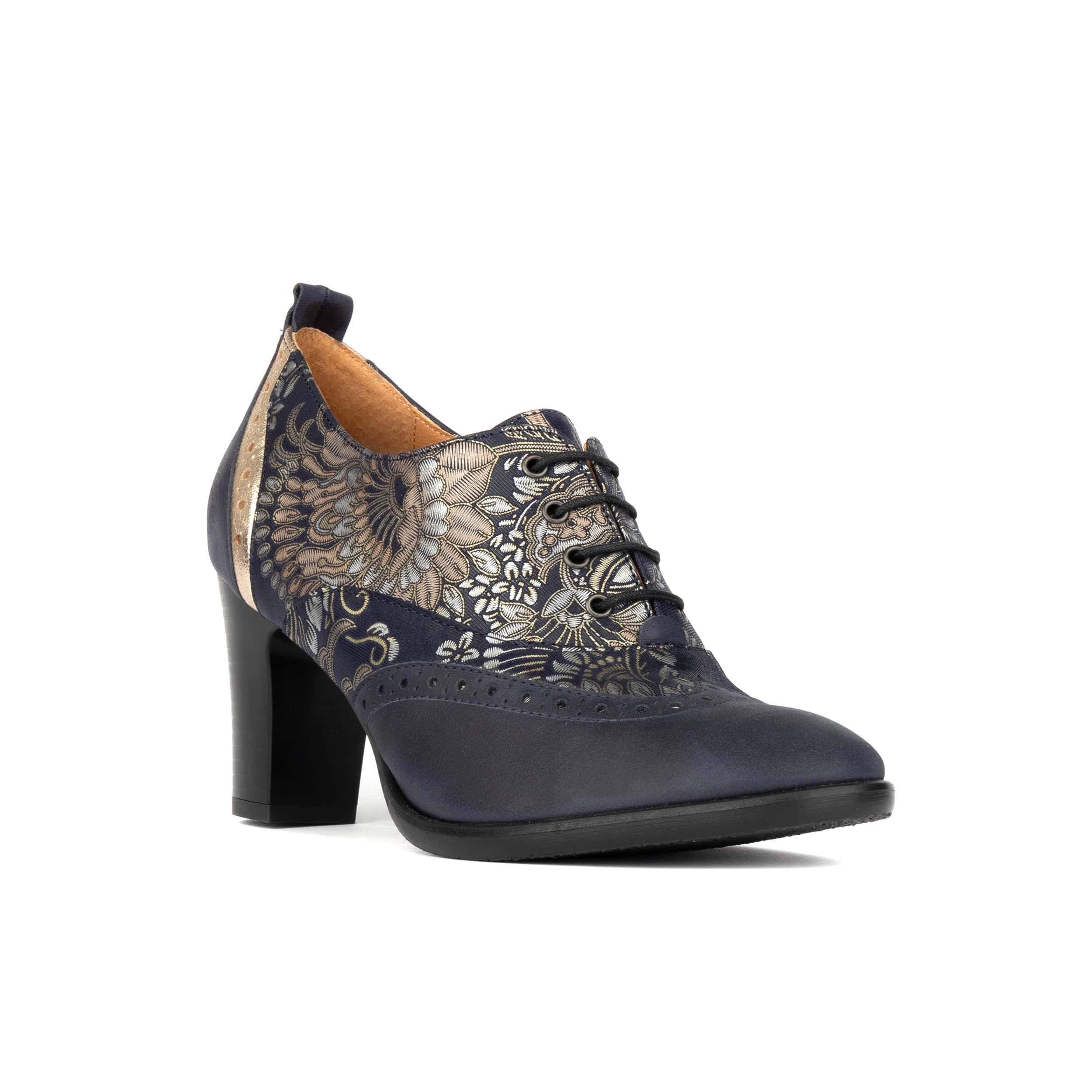 Casino - Blue & Silver Paisley - Women's leather pump in 3 inch heel with brogue details - Image 3