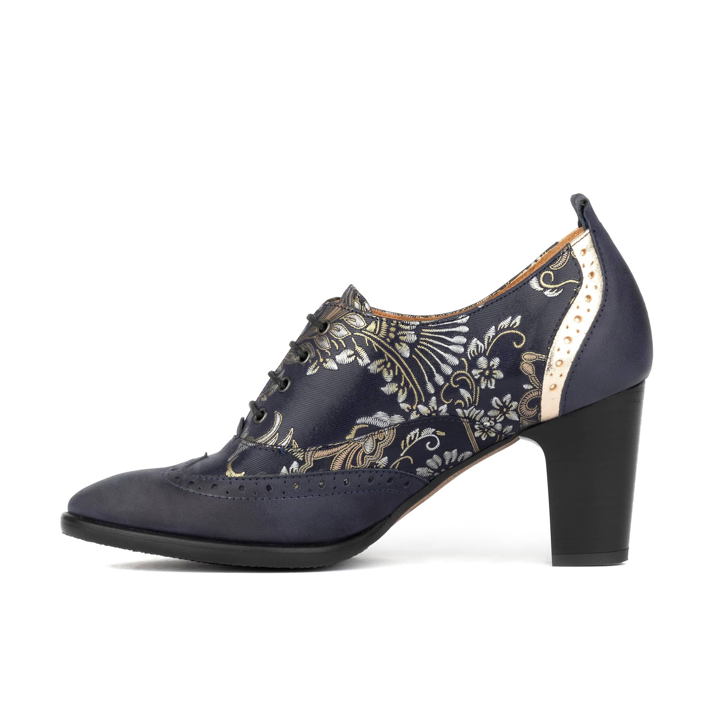 Casino - Blue & Silver Paisley - Women's leather pump in 3 inch heel with brogue details - Image 4