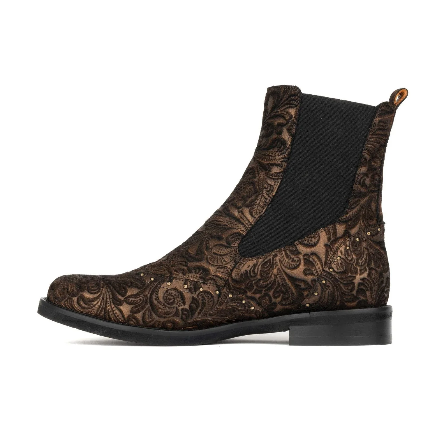 Catherine - Floral Emboss - Women's nubuck leather higher chelsea boot with broguing - Image 3
