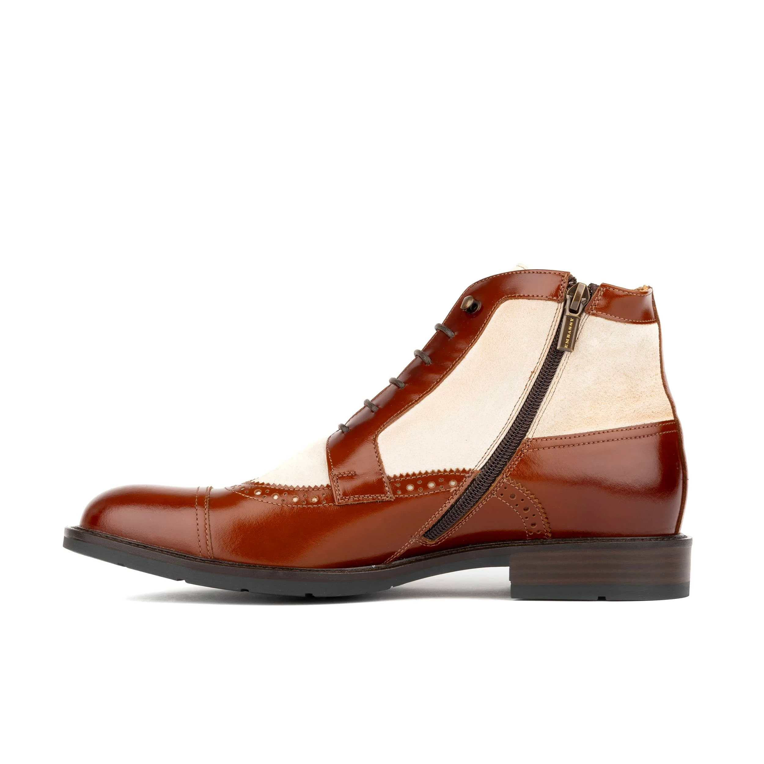 Charles - Light Tan & Cream - Men's Toe-Cap Dressy Leather & Suede Boot with Brogue Details - Image 3