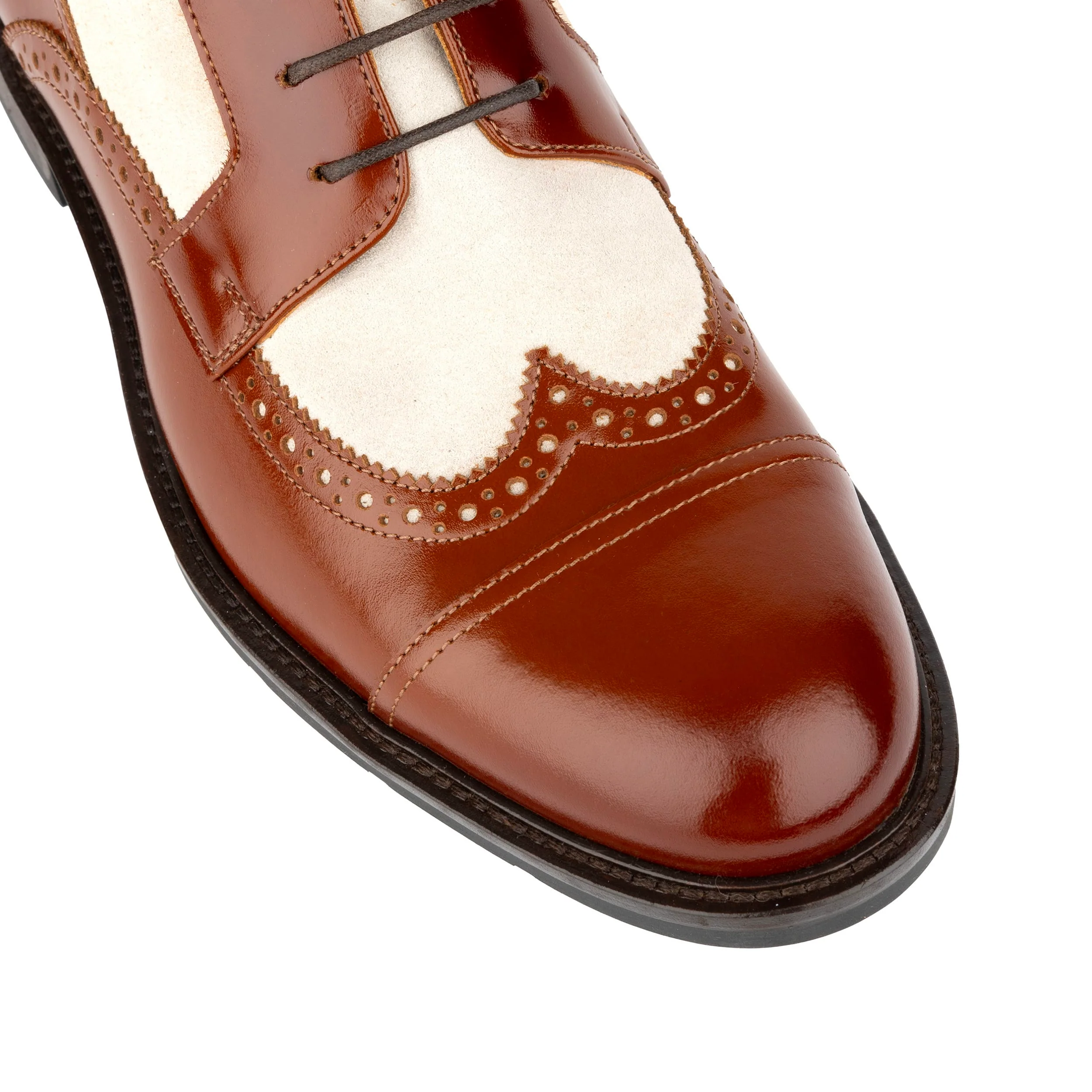 Charles - Light Tan & Cream - Men's Toe-Cap Dressy Leather & Suede Boot with Brogue Details - Image 7