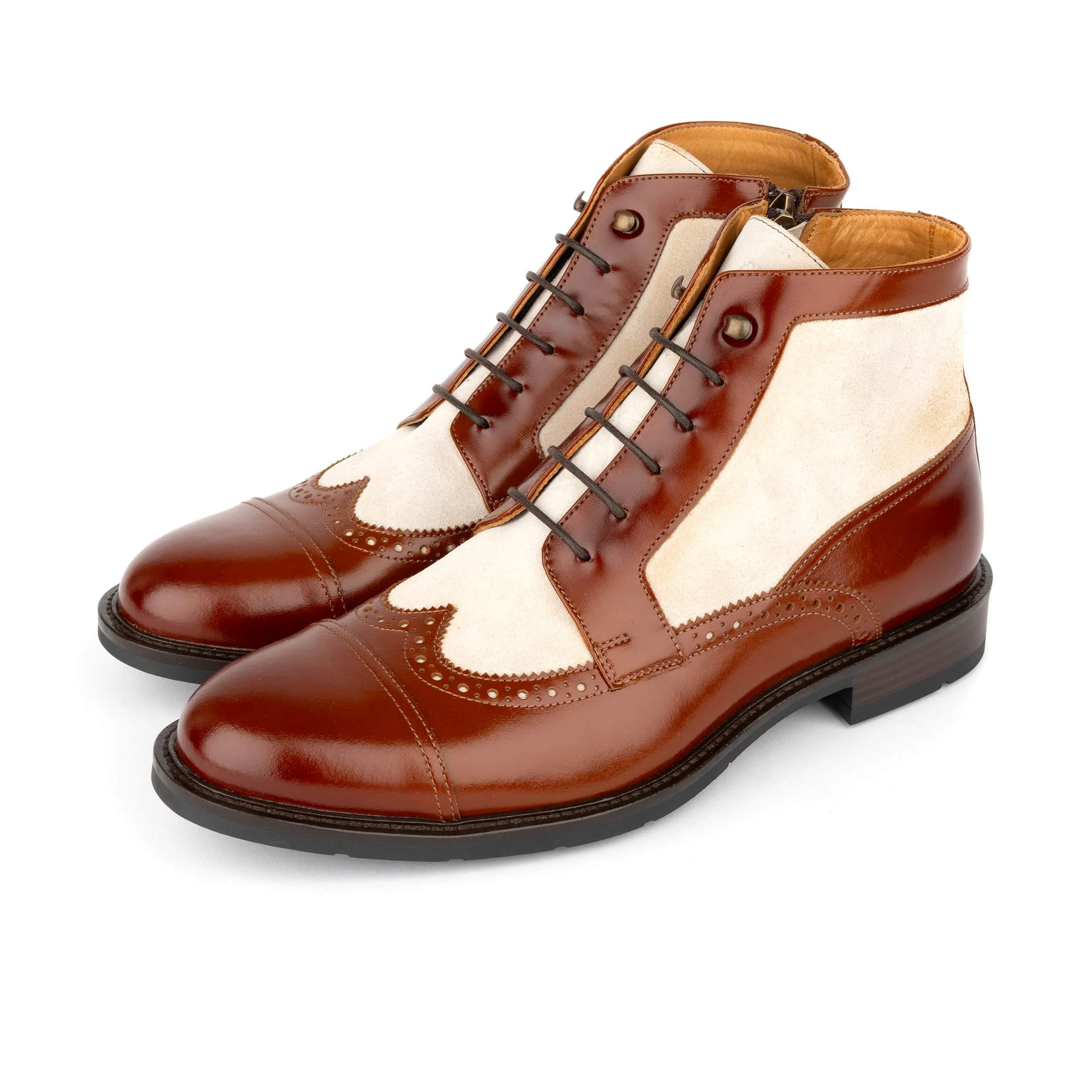 Charles - Light Tan & Cream - Men's Toe-Cap Dressy Leather & Suede Boot with Brogue Details - Image 9