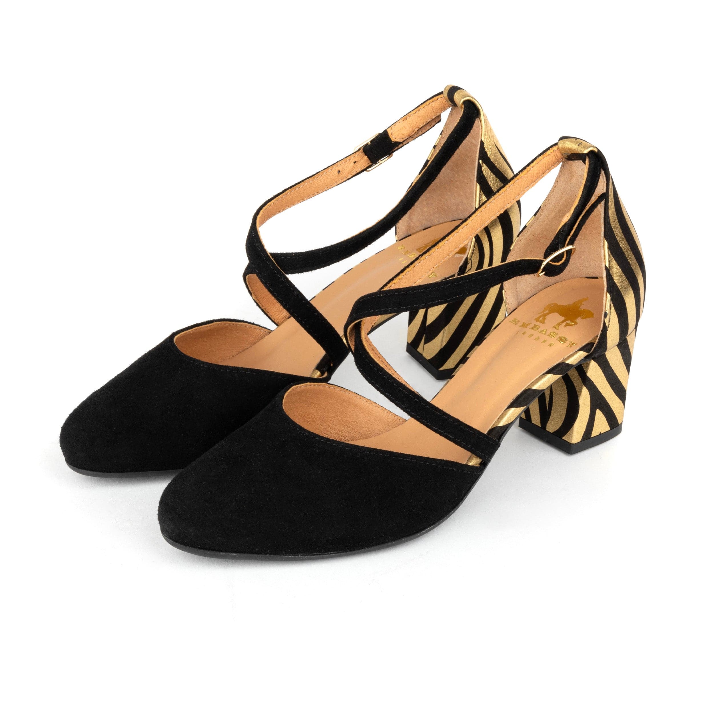 Dannii - Black & Gold Stripes - Women's leather closed-toe block heel with gold foil details - Image 10