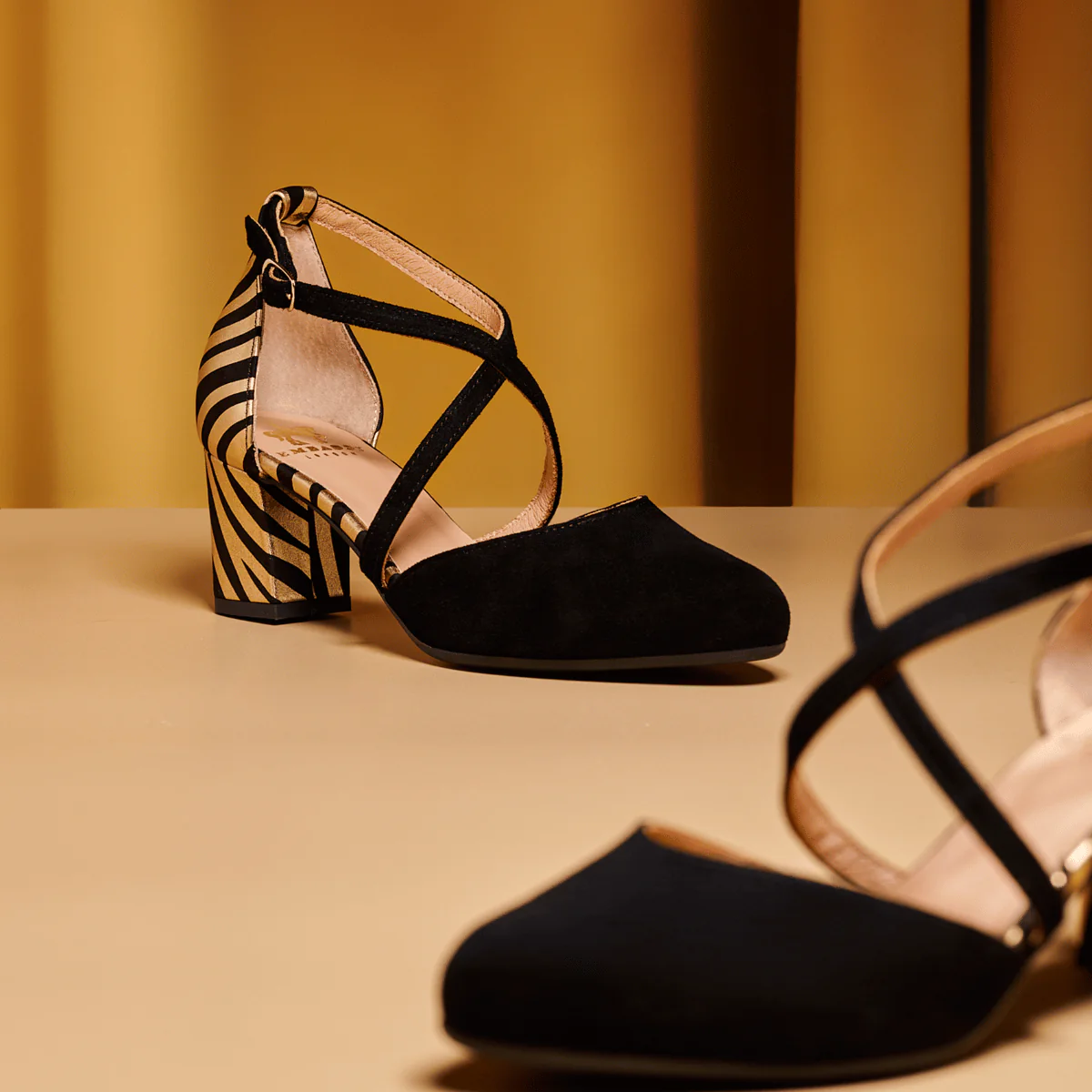 Dannii - Black & Gold Stripes - Women's leather closed-toe block heel with gold foil details - Image 2
