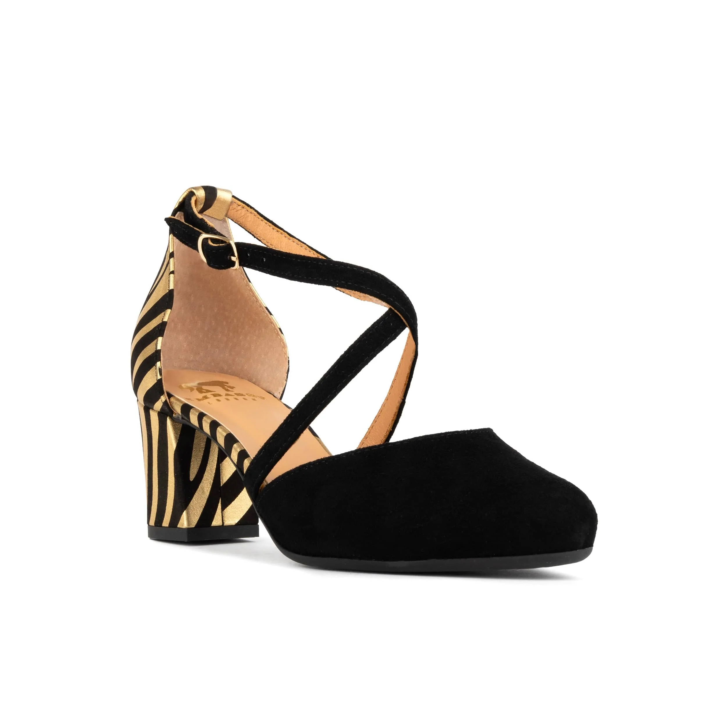 Dannii - Black & Gold Stripes - Women's leather closed-toe block heel with gold foil details - Image 3