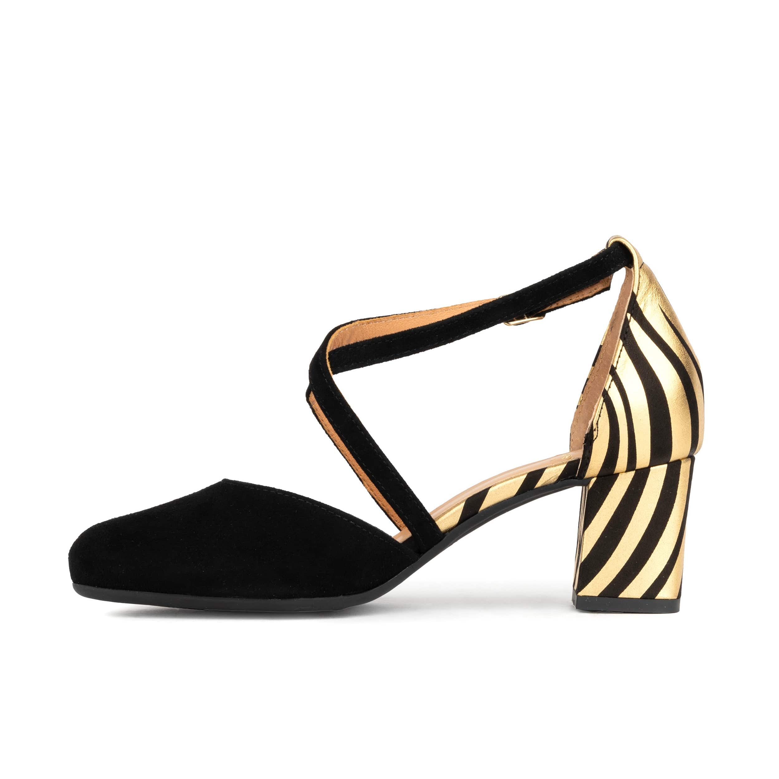 Dannii - Black & Gold Stripes - Women's leather closed-toe block heel with gold foil details - Image 4