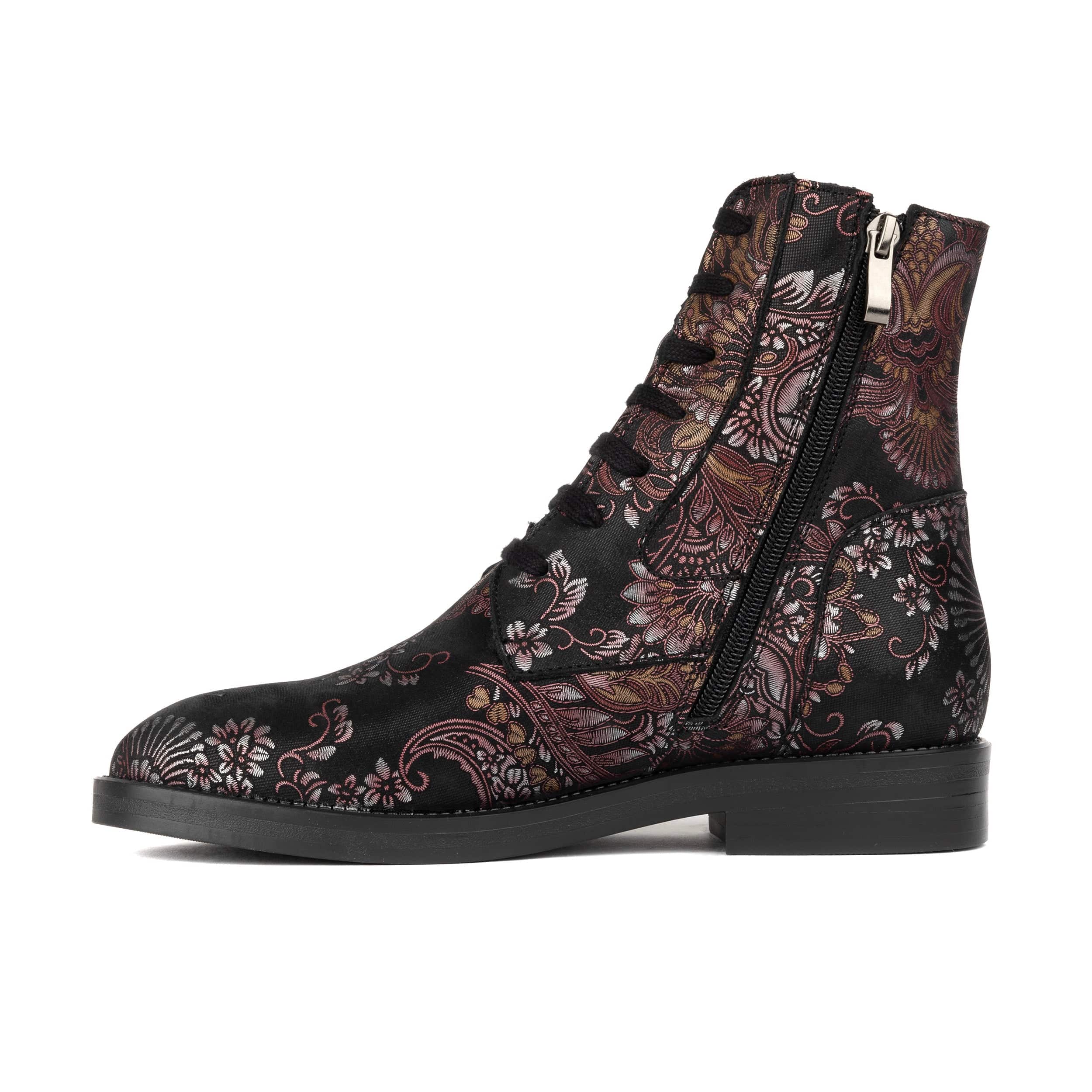 Didi Wool - Black & Burgundy - Women's leather lace-up and zip-up round toe combat boot - Image 3