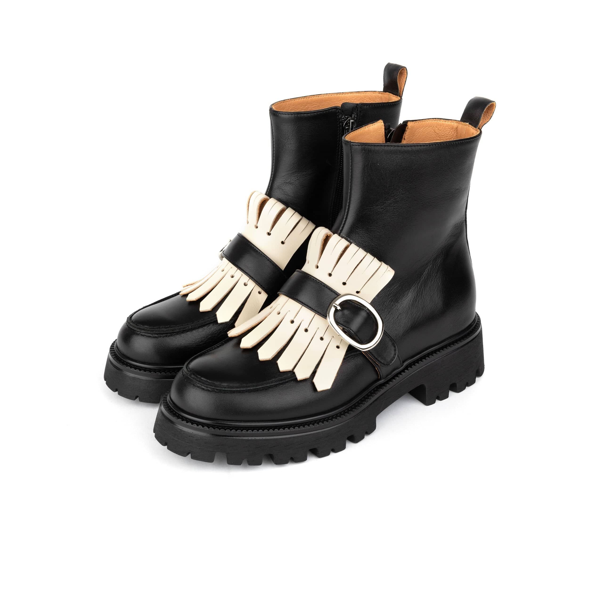 Dominus - Black & White - Fringed Monk Strap Ankle Boot - Image 9