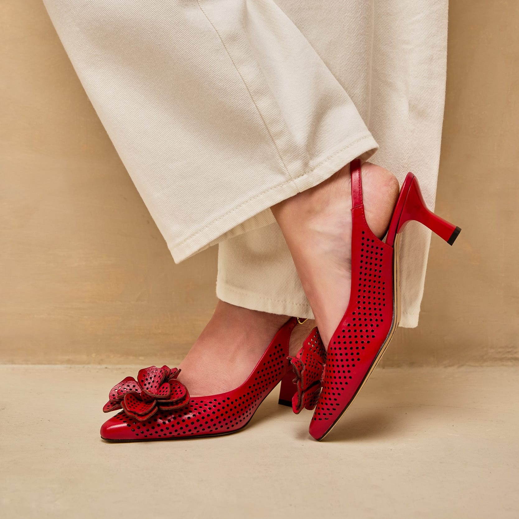 Florence - Red - Women's Leather Slingback Heel with Flower Detail - Image 2