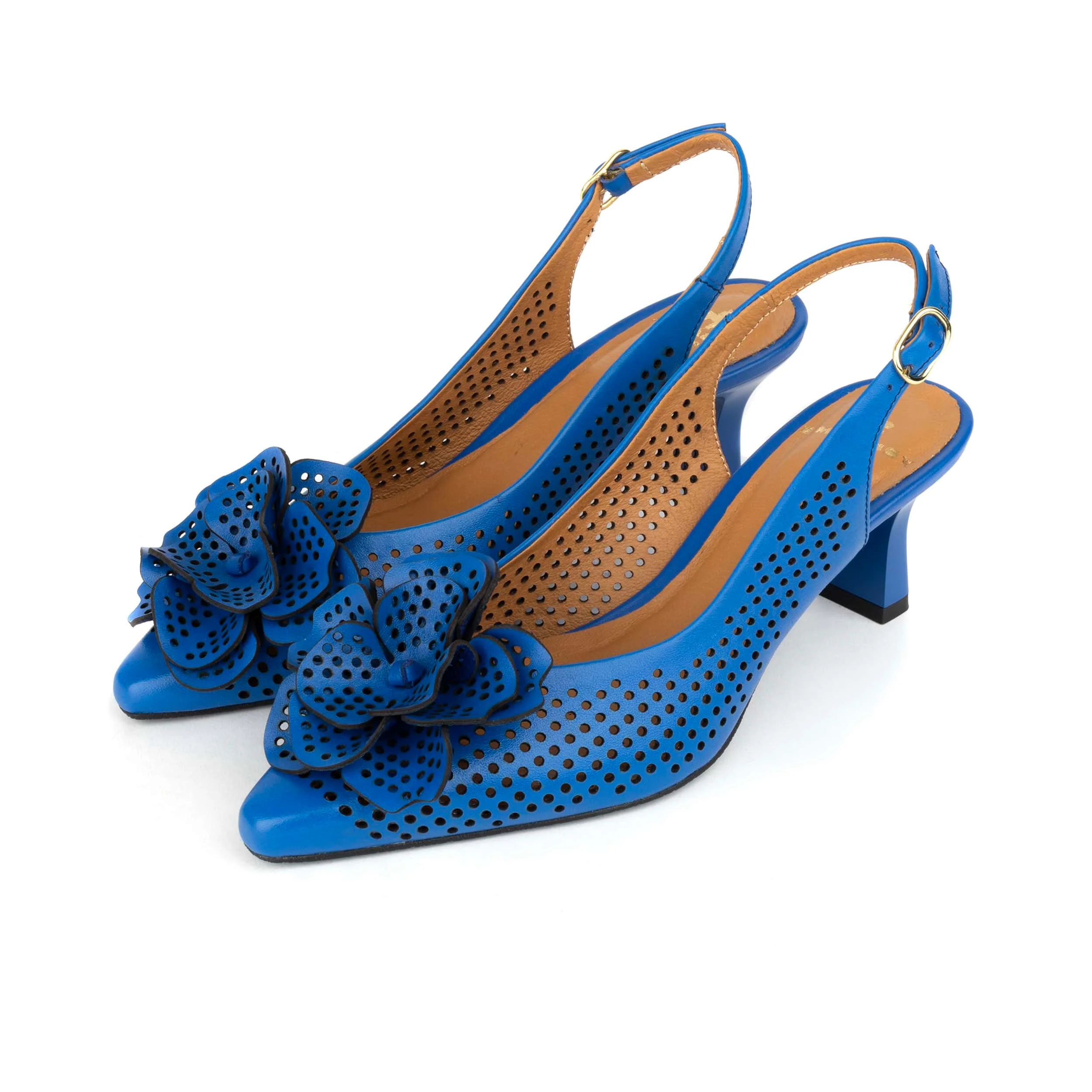 Florence - Vibrant Blue - Women's Leather Slingback Heel with Flower Detail - Image 10
