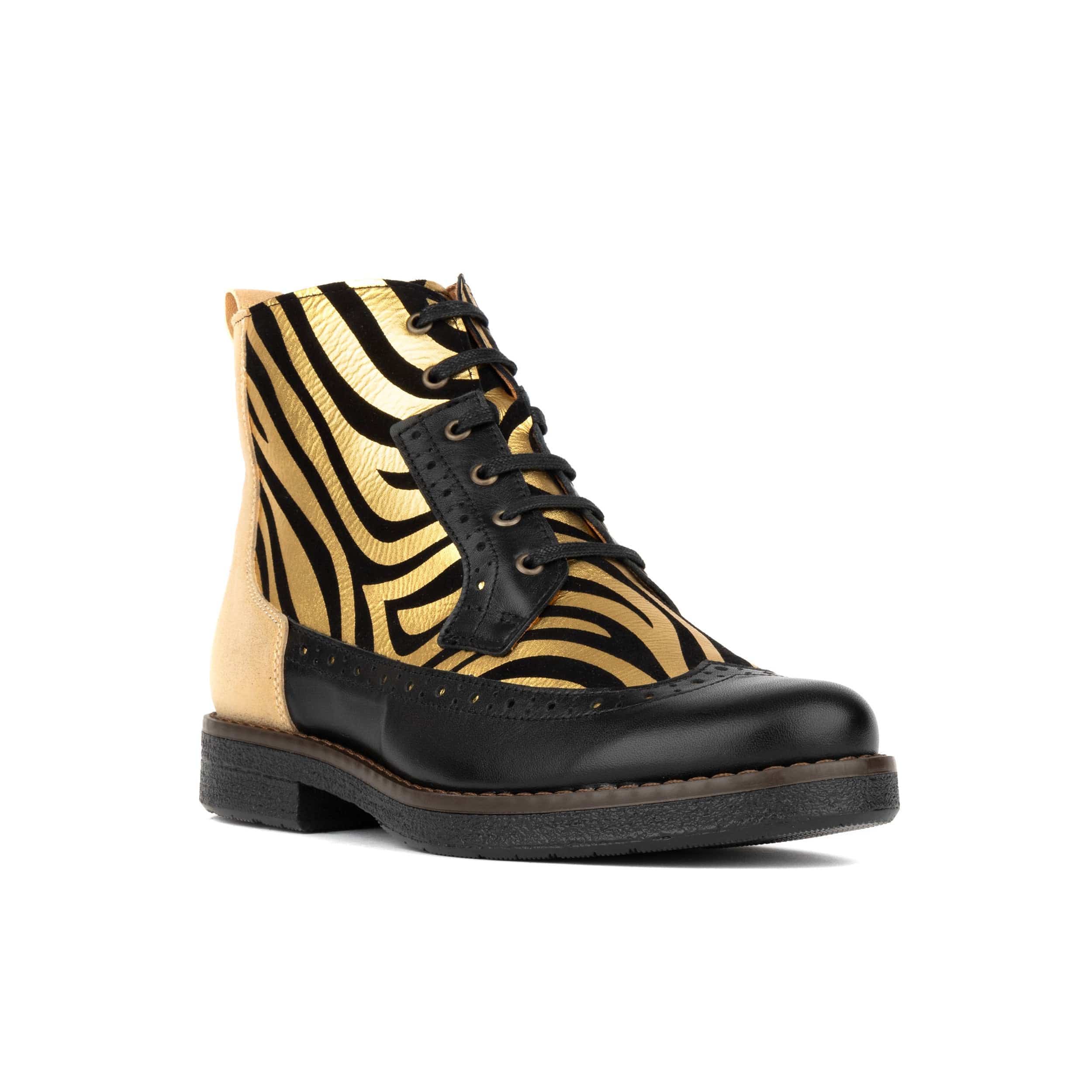 Hatter - Black & Gold Stripes - Women's Leather Ankle Lace-up Boot with gold foil zebra stripes - Image 2