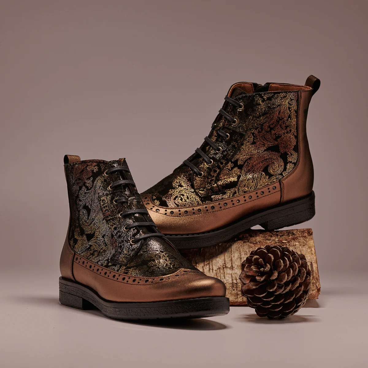 Hatter - Bronze & Floral - Women's Leather Ankle Lace-up Boot with bronze floral details - Image 2
