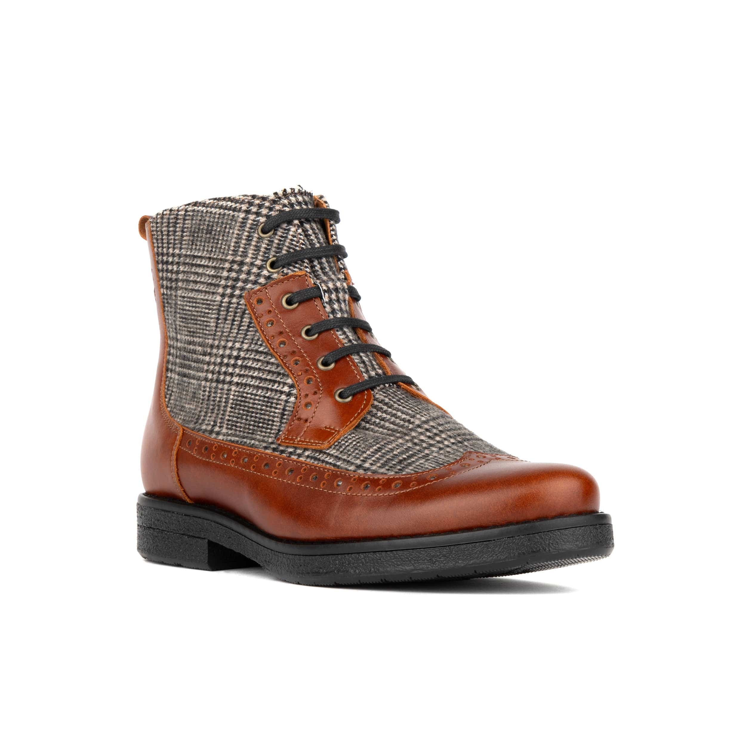 Hatter - Brown & Brown Check - Women's Leather Ankle Lace-up Boot with check details - Image 2