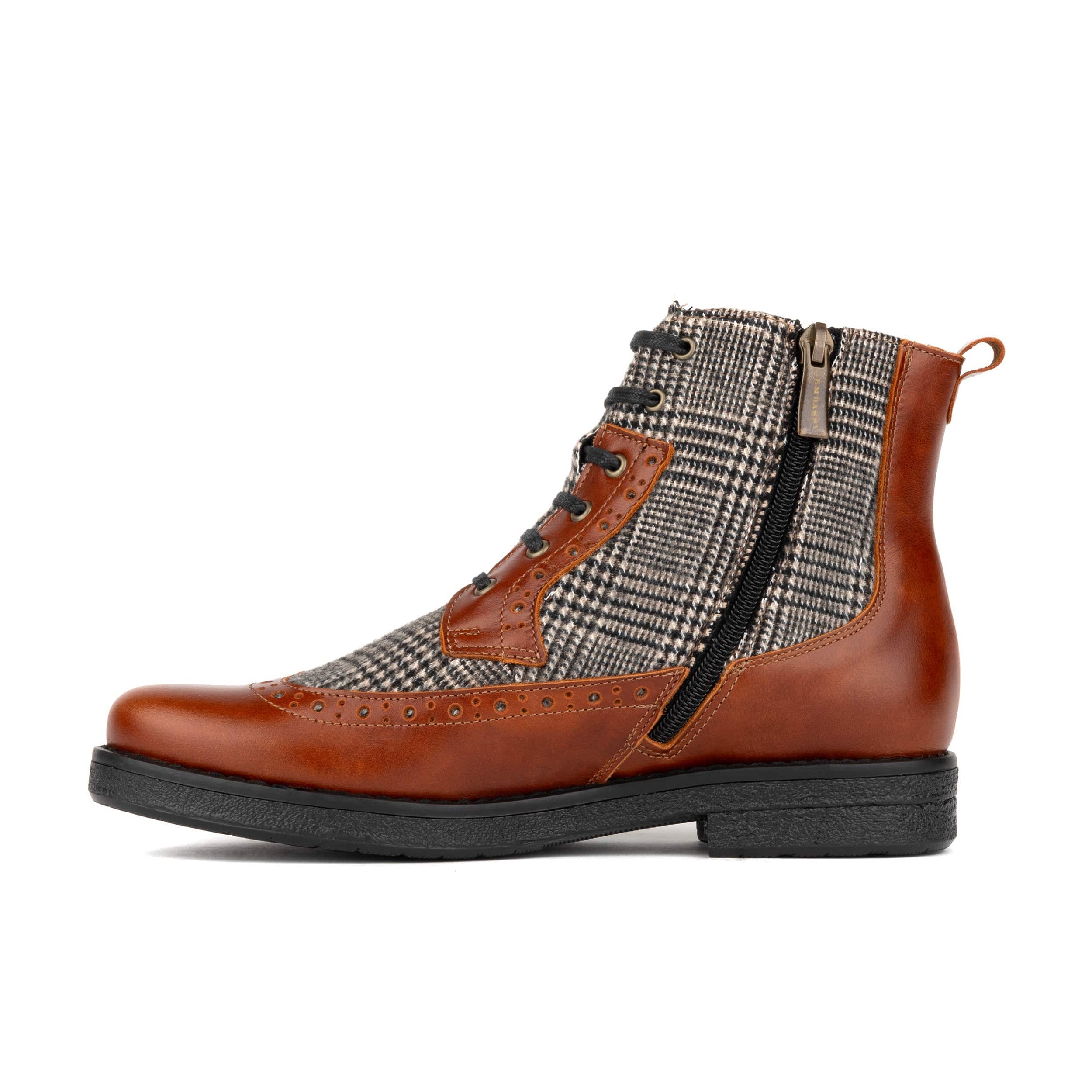Hatter - Brown & Brown Check - Women's Leather Ankle Lace-up Boot with check details - Image 3