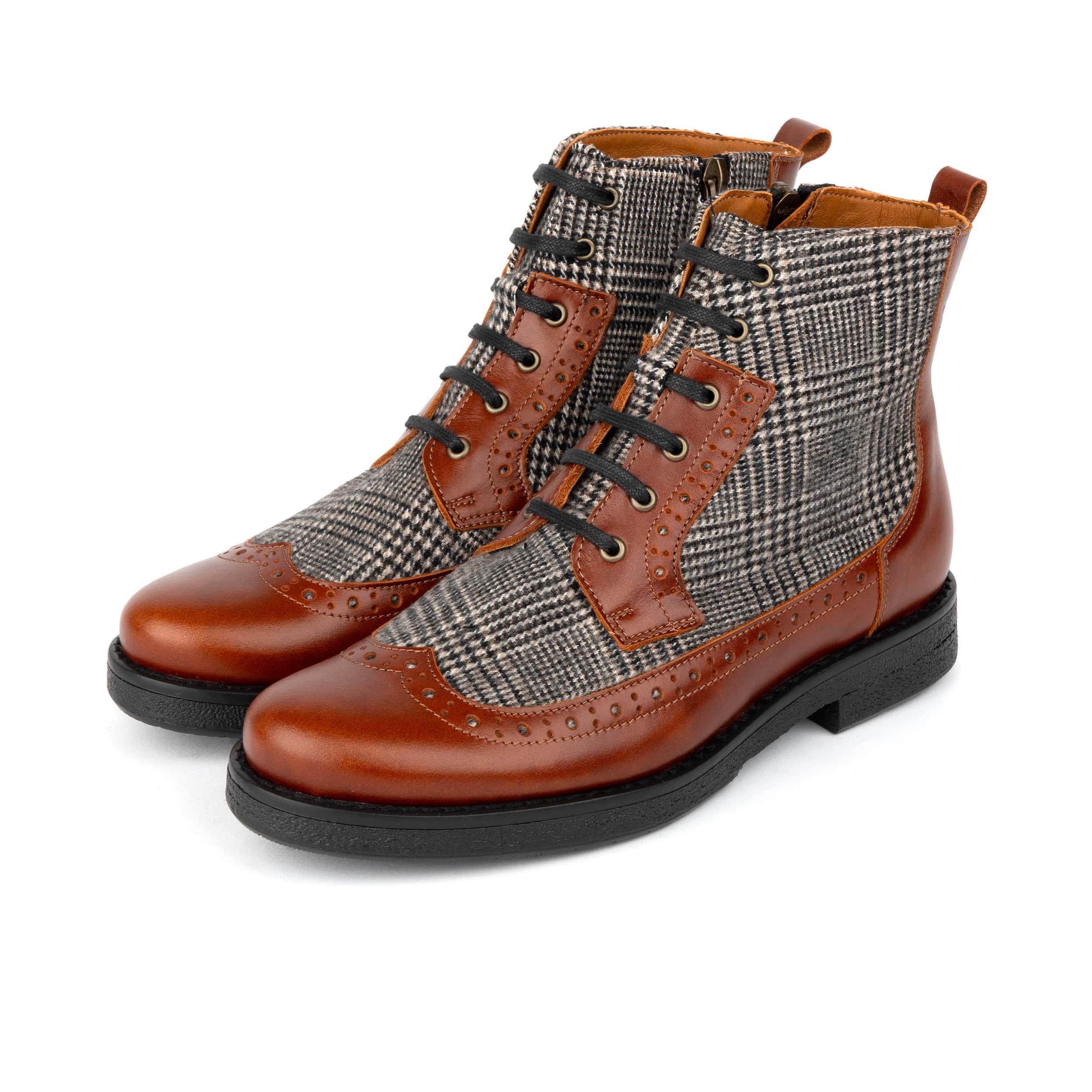 Hatter - Brown & Brown Check - Women's Leather Ankle Lace-up Boot with check details - Image 9