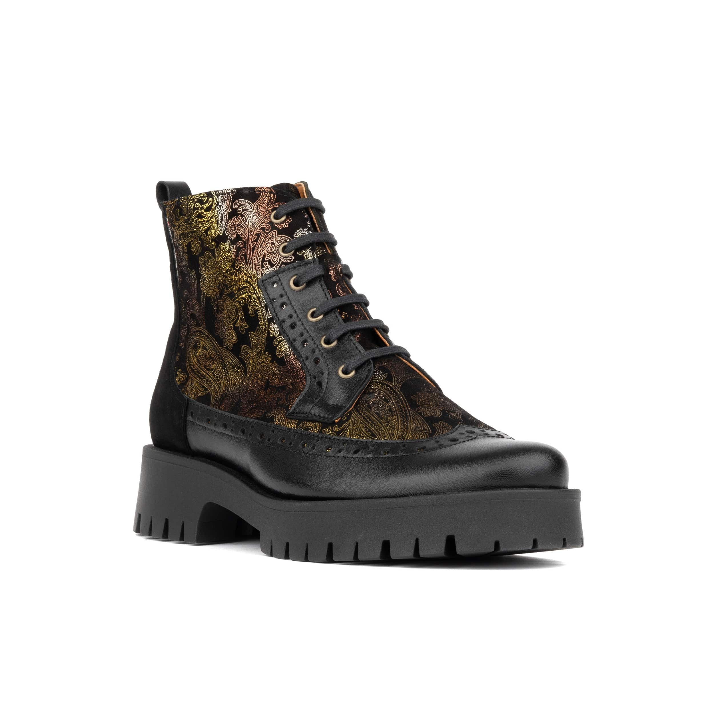 Hatter Platform - Black & Floral - Women's Leather ankle Lace-up Boot with chunky cleated sole - Image 2