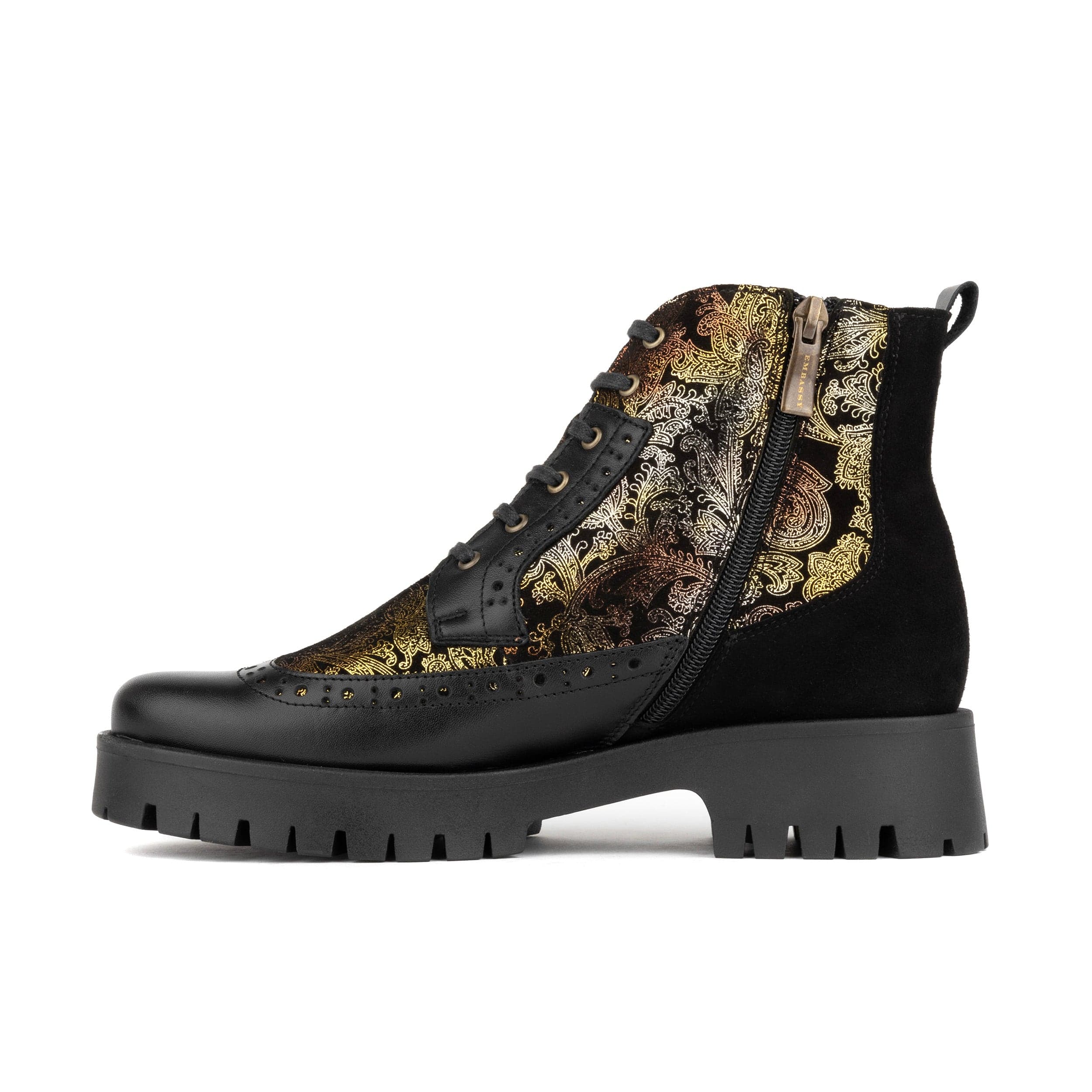 Hatter Platform - Black & Floral - Women's Leather ankle Lace-up Boot with chunky cleated sole - Image 3