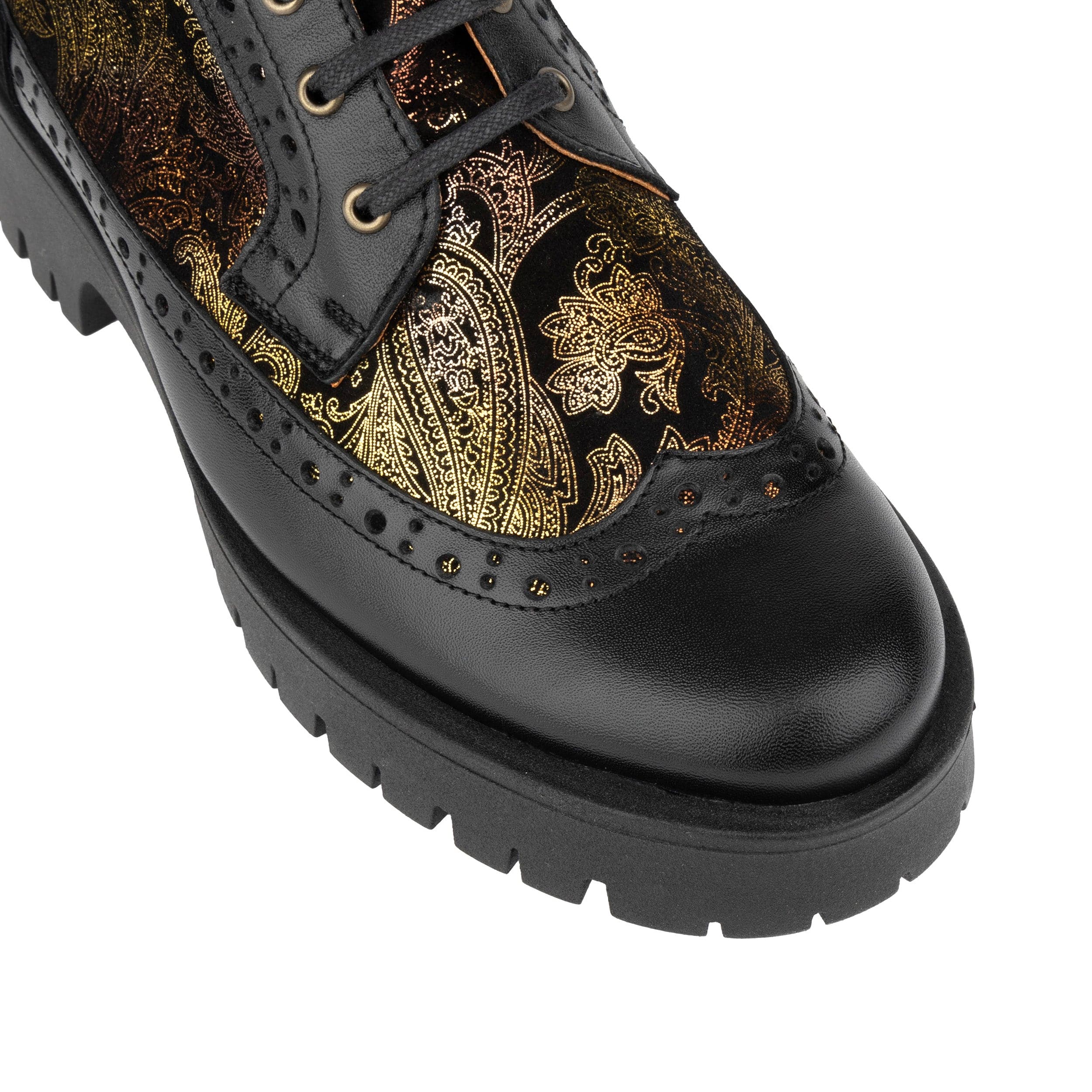 Hatter Platform - Black & Floral - Women's Leather ankle Lace-up Boot with chunky cleated sole - Image 7