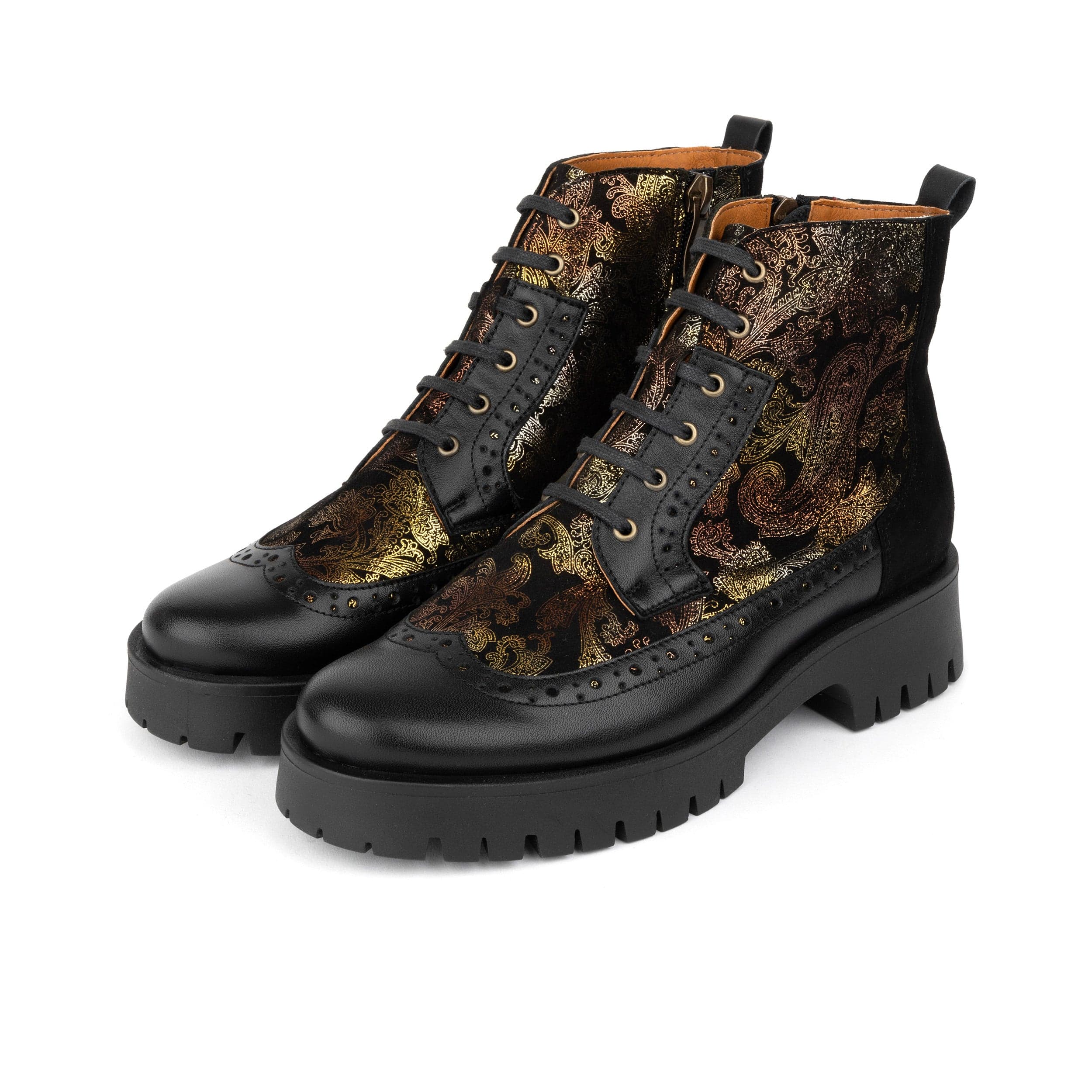 Hatter Platform - Black & Floral - Women's Leather ankle Lace-up Boot with chunky cleated sole - Image 9