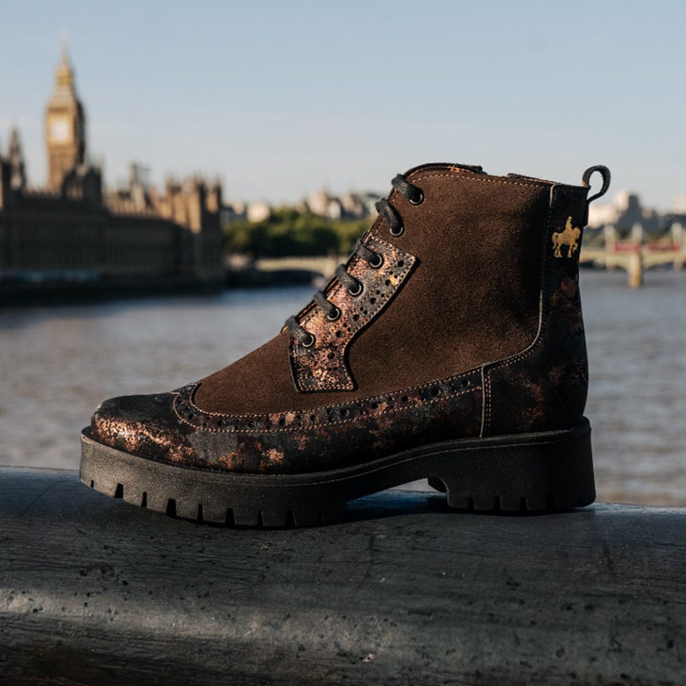 Hatter Platform - Brown Metal - Women's Leather and brushed nubuck suede Ankle Lace-up Boot with chunky cleated sole - Image 2