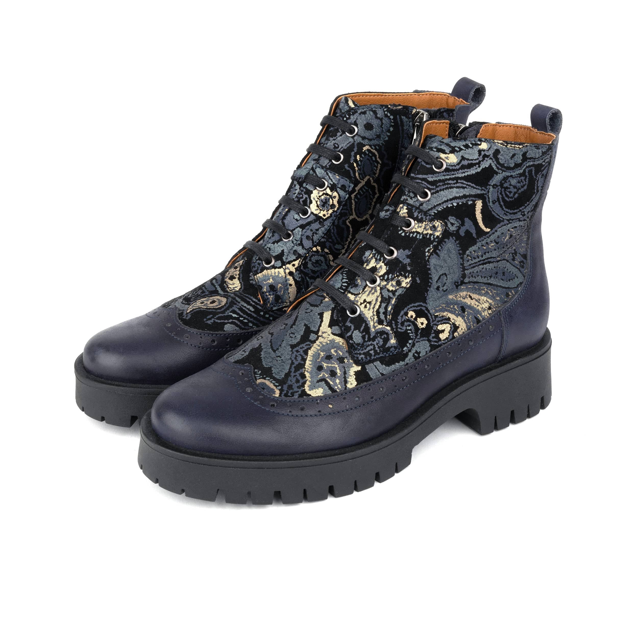 Hatter Platform - Matt Blue & Grey & Gold - Women's Leather ankle Lace-up Boot with chunky cleated sole - Image 10