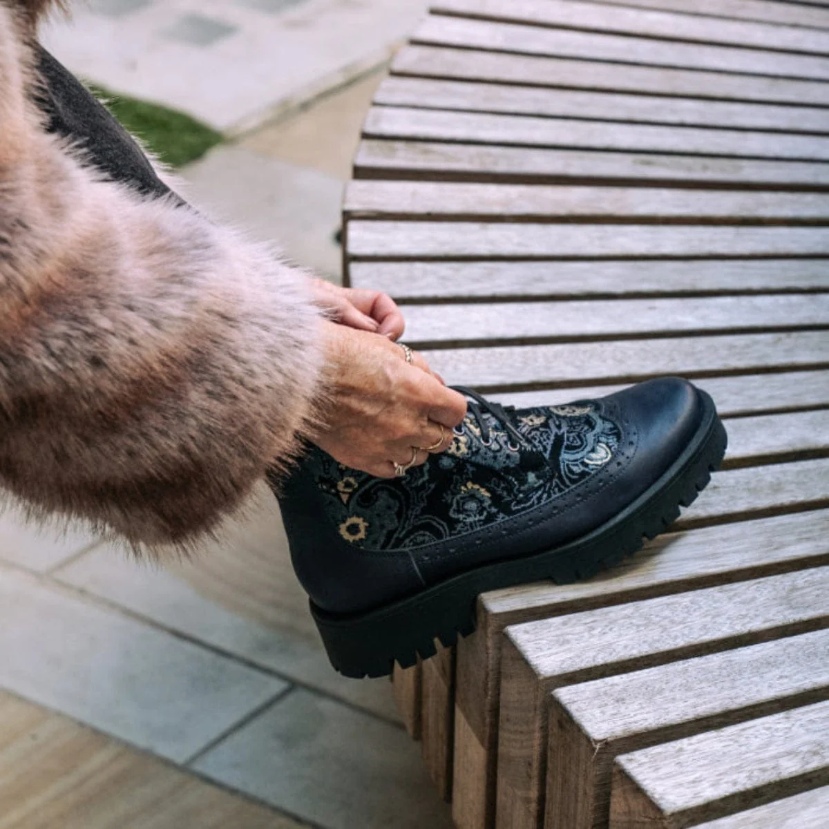 Hatter Platform - Matt Blue & Grey & Gold - Women's Leather ankle Lace-up Boot with chunky cleated sole - Image 2