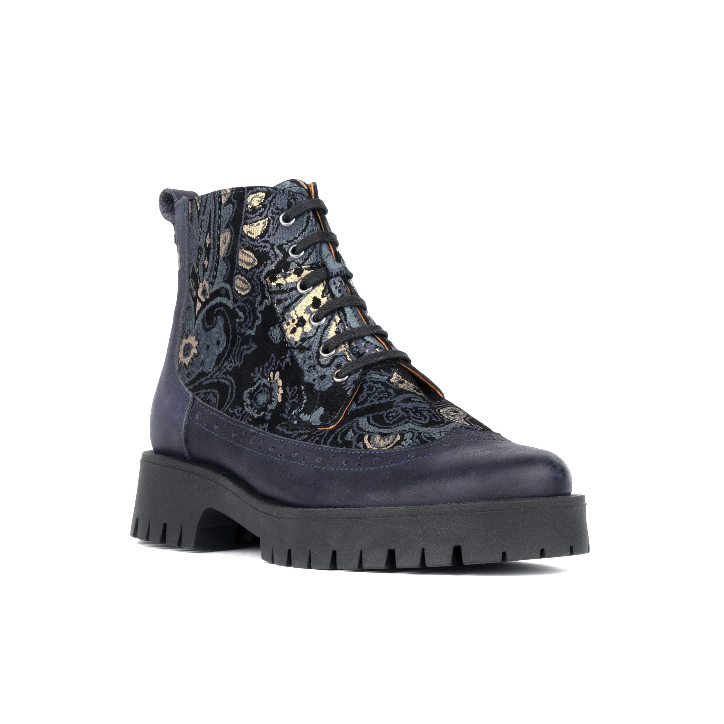 Hatter Platform - Matt Blue & Grey & Gold - Women's Leather ankle Lace-up Boot with chunky cleated sole - Image 3